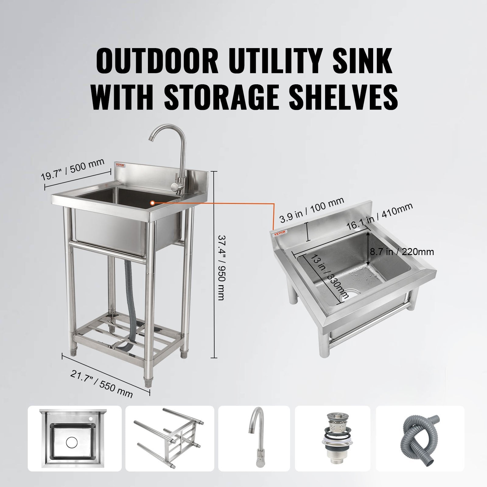 Stainless Steel Utility Sink, 1 Compartment Free Standing Small Sink Include Faucet & Legs, 16 X 13 X 8.7 In Commercial Single Bowl Sinks For Garage, Restaurant, Kitchen, Laundry