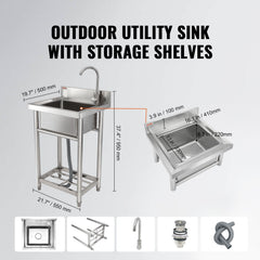 Stainless Steel Utility Sink, 1 Compartment Free Standing Small Sink Include Faucet & Legs, 16 X 13 X 8.7 In Commercial Single Bowl Sinks For Garage, Restaurant, Kitchen, Laundry