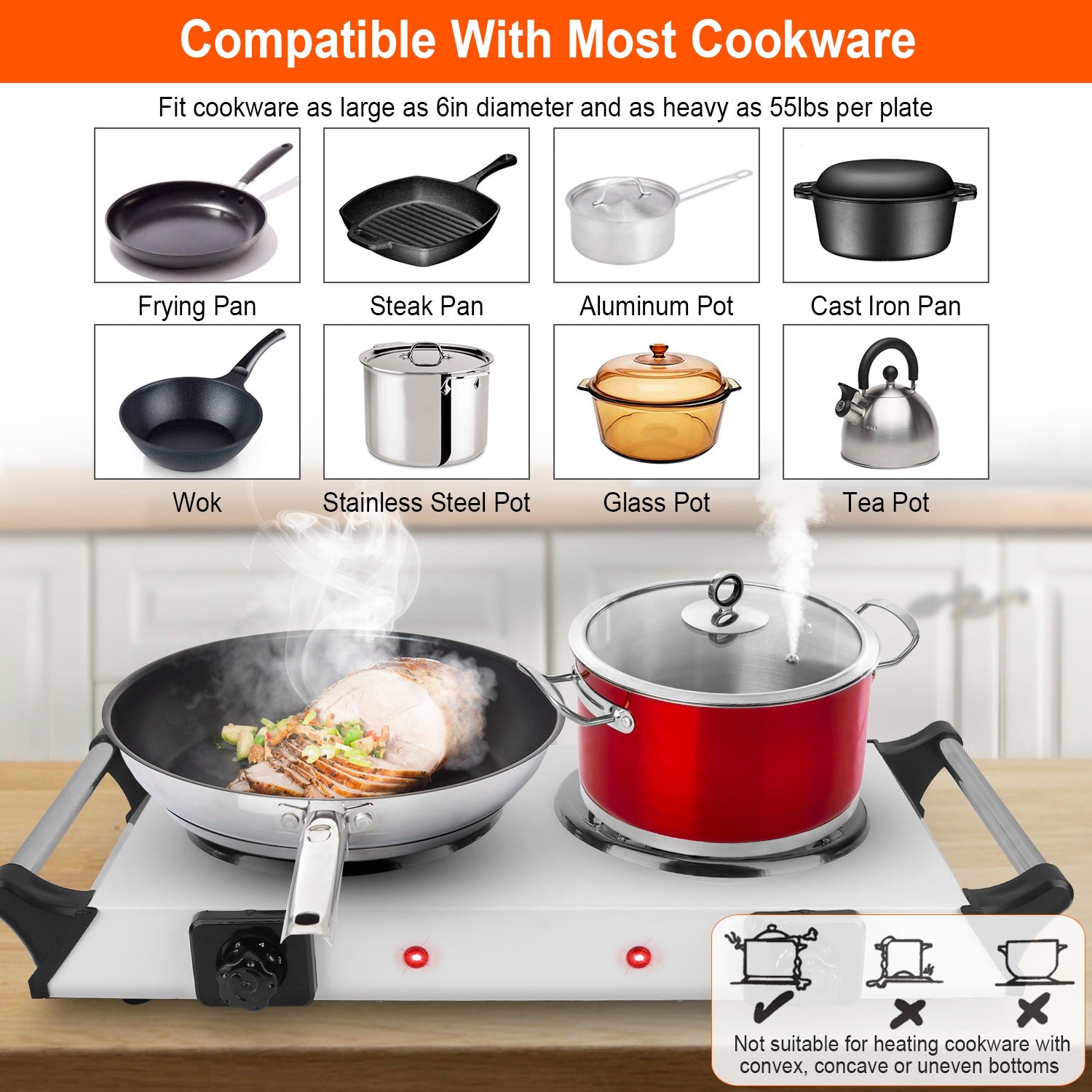 2000W Electric Dual Burner Portable Coil Heating Hot Plate Stove Countertop RV Hotplate With 5 Temperature Adjustments Portable Handles For Food Preparation