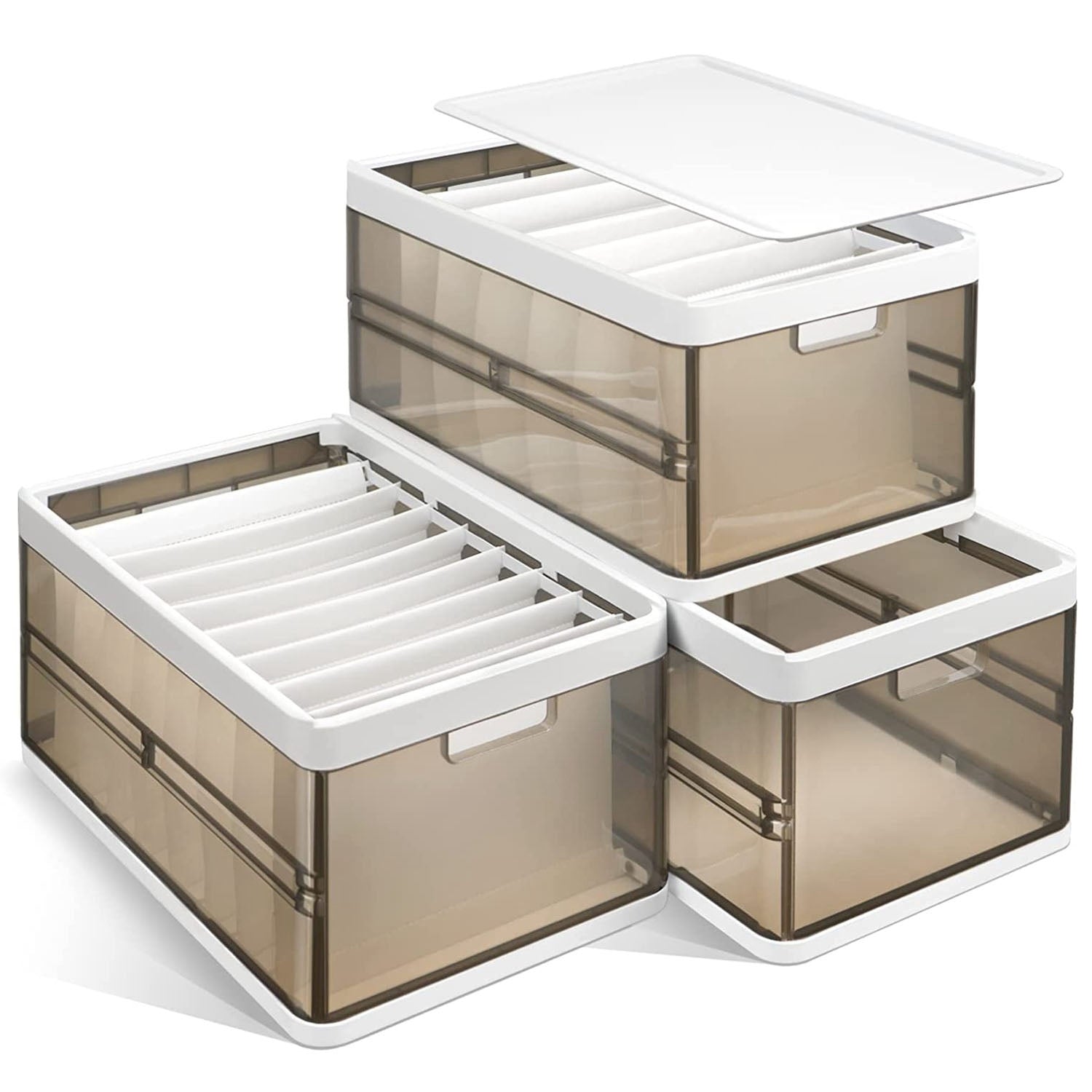 3 Pack Foldable Storage Bin With Lid Stackable Plastic Closet Organizer With Handle Divider Collapsible Drawer Organizer For Toys Clothes