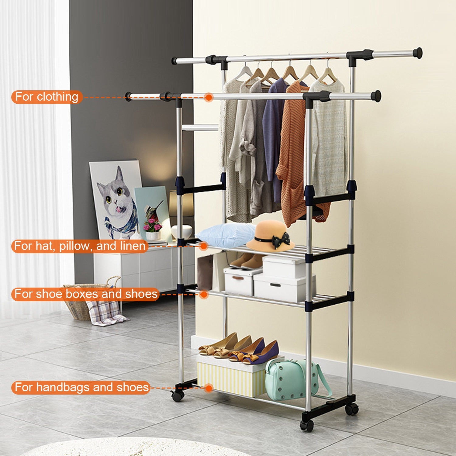 1Pc Extendable Garment Hanging Rack Clothing Hanging Rail Pillow Shoe Display Organizer With Rolling Wheels Hold Up To 77LBS