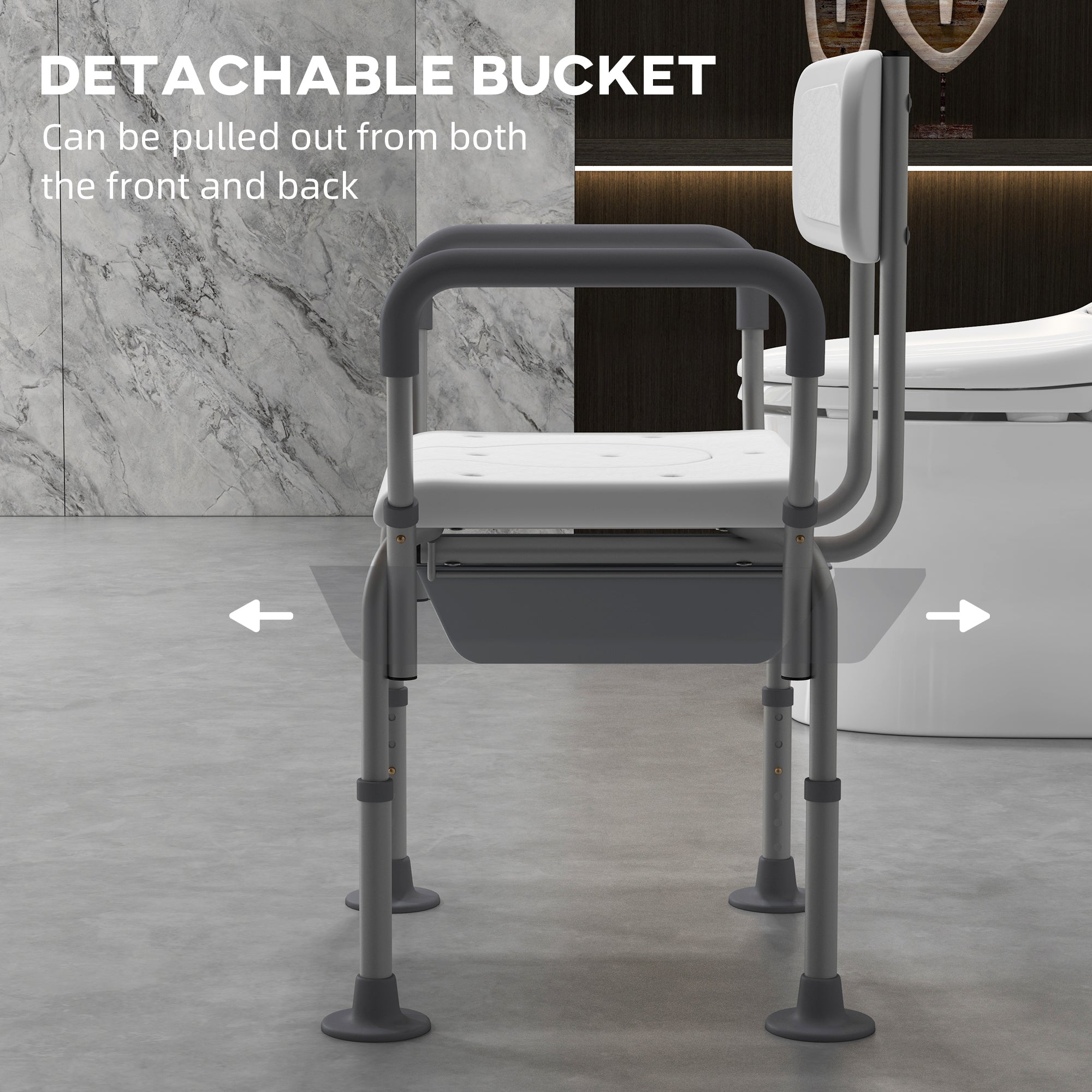 3-in-1 Shower Chair with Back and Arms, Height Adjustable Bedside Commode, Raised Toilet Seat with Non-Slip Rubber Foot Pad for Seniors, Disabled, White