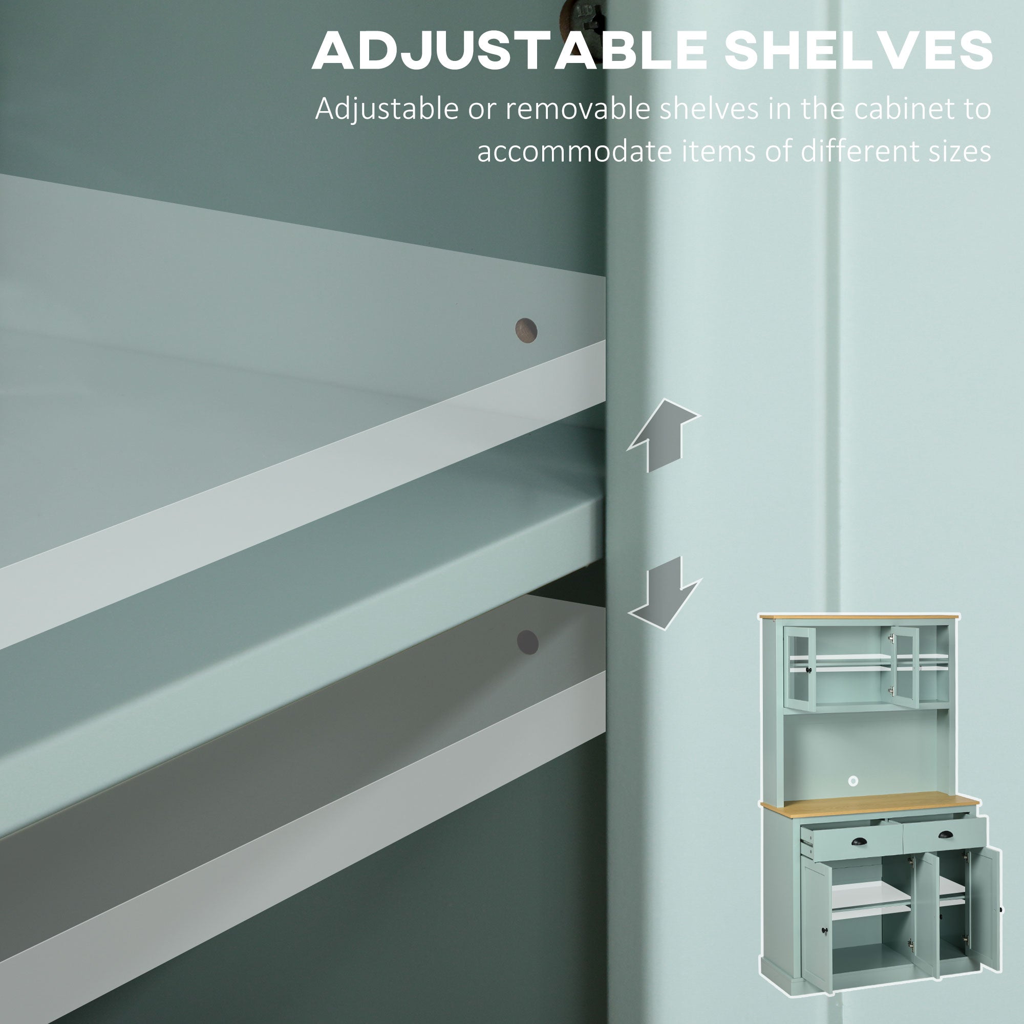 Kitchen Pantry Storage Cabinet with Microwave Stand, 71" Modern Kitchen Hutch with Open Countertop, Glass Doors, Storage Drawers and Adjustable Shelves for Dining Room, Coffee Bar, Light Blue