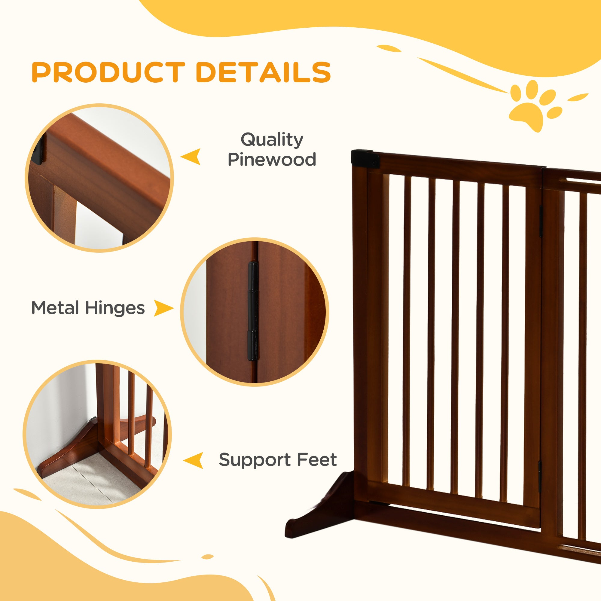 Freestanding Length Adjustable Wooden Pet Gate with Lockable Door 3 Panels, Brown