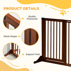 Freestanding Length Adjustable Wooden Pet Gate with Lockable Door 3 Panels, Brown