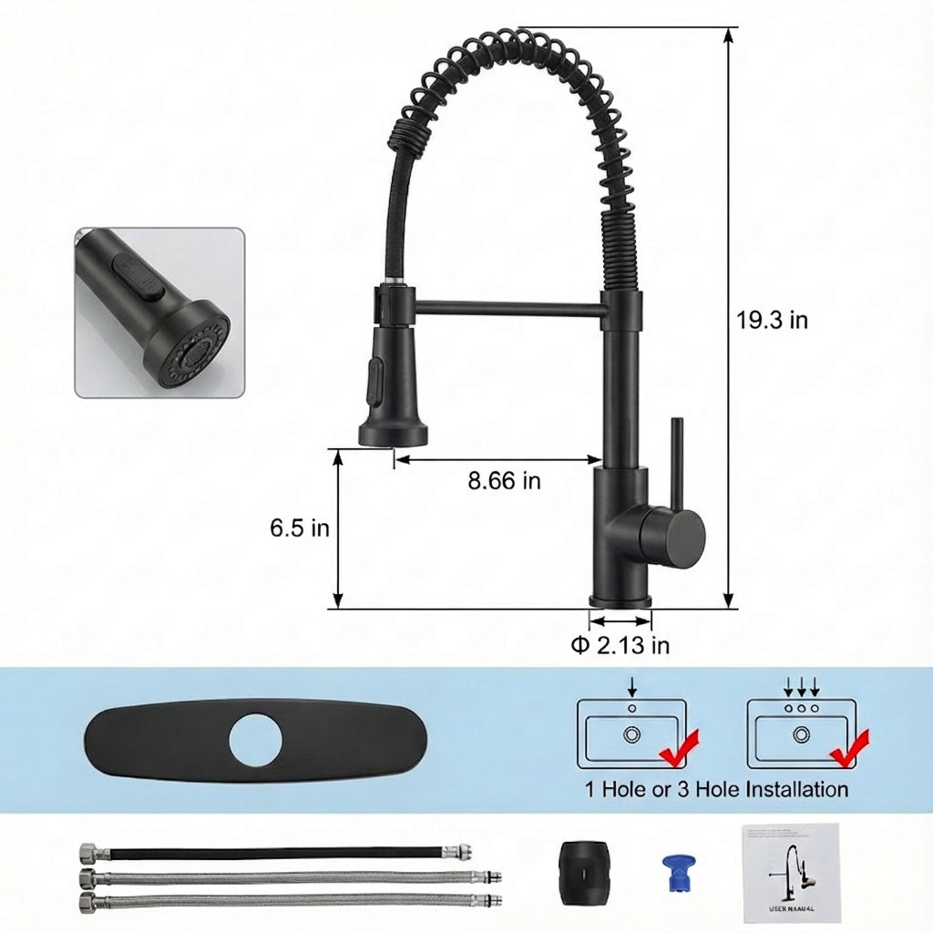 Industrial Kitchen Faucet With Pull Down Sprayer, Single Handle Stainless Steel Kitchen Faucet, 1 Or 3 Hole Installation, Farmhouse Style, Matte Black