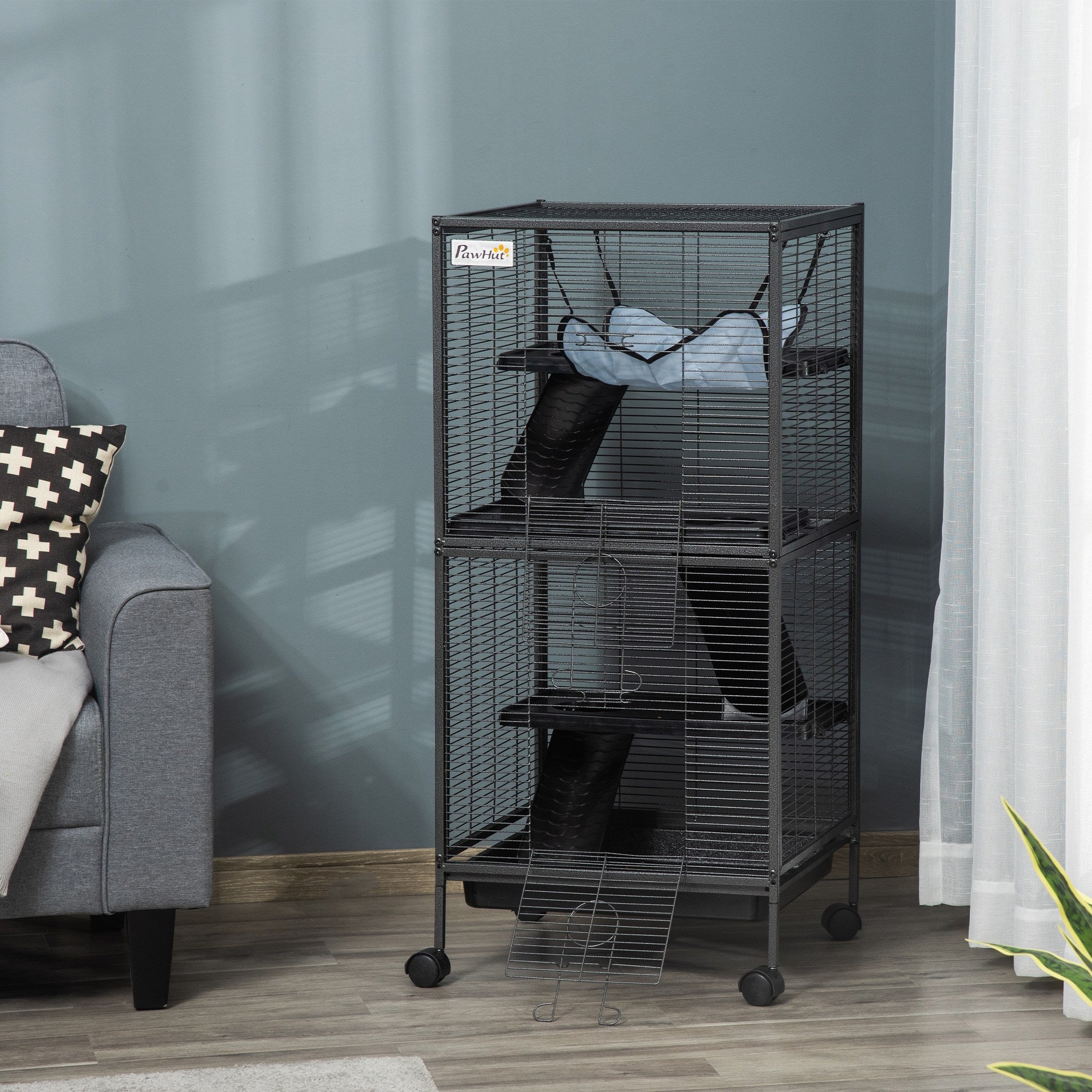 Large Metal 4 Tiers Small Animal Cage With Hammock, Removable Tray, Extra Space For Ferrets Chinchillas, Gray