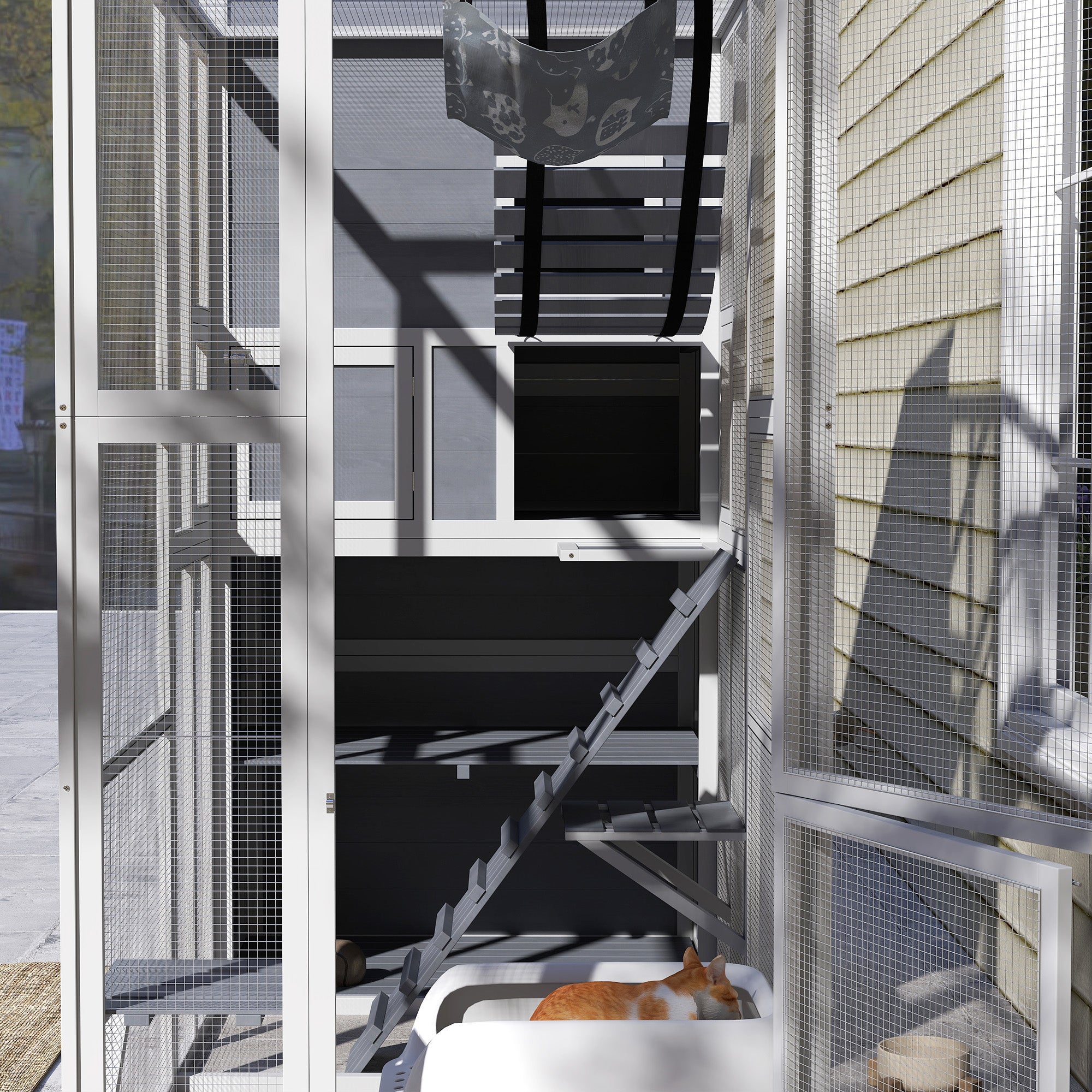 Large Wooden Catio Outdoor, Cat Enclosure w/ 4 Tier Resting Rooms, 3 Platforms, 1 Soft Ladder, 2 Ramps, 1 Hammock, Gray