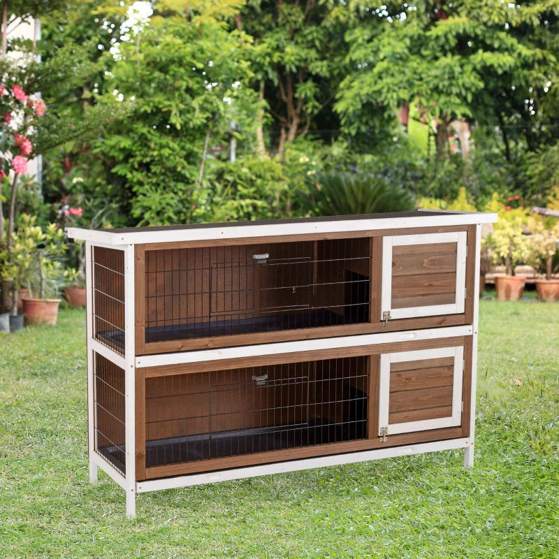 PawHut Wooden Rabbit Hutch Dividers Asphalt Roof For Small Animals & Outdoors, Brown