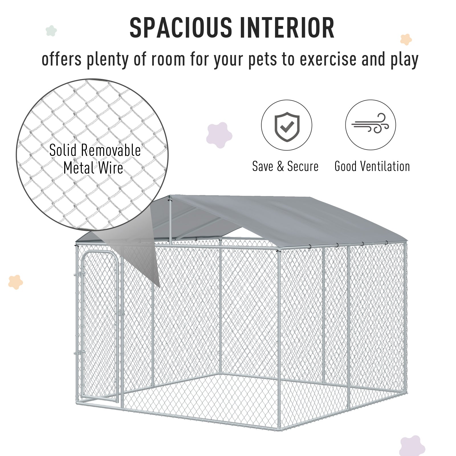 Outdoor Dog Kennel Galvanized Fence with Cover Secure Lock Sidewalls for Backyard 9.8' x 9.8' x 7.7'