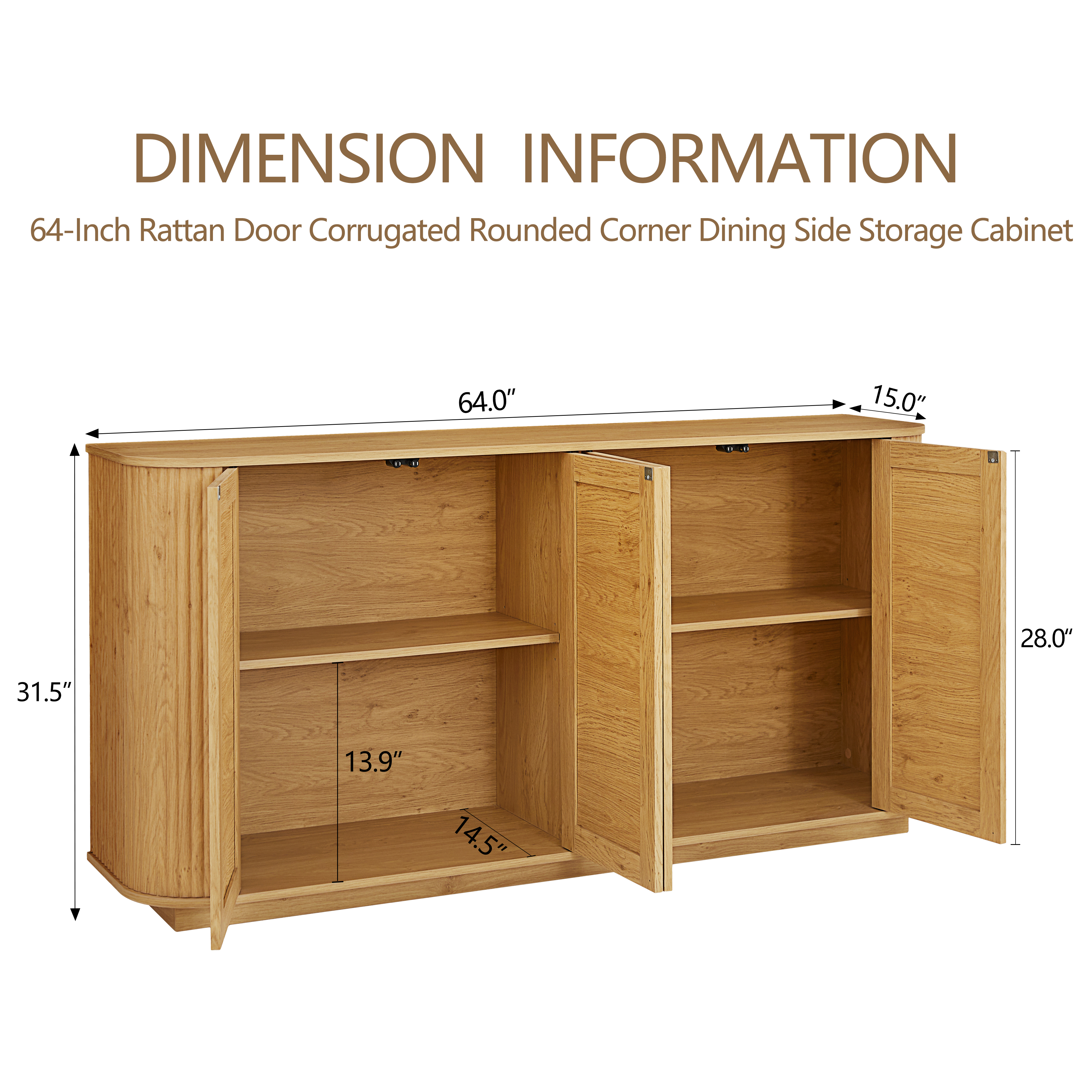 64-inch Wave Shaped TV Stand, Rounded Corner Sideboard, Storage Cabinet, Buffet, Wood Vertical Striped Cabinet With Rattan Doors For Kitchen Bedroom Entryway. Natural, 64W X 15D X 31.5H