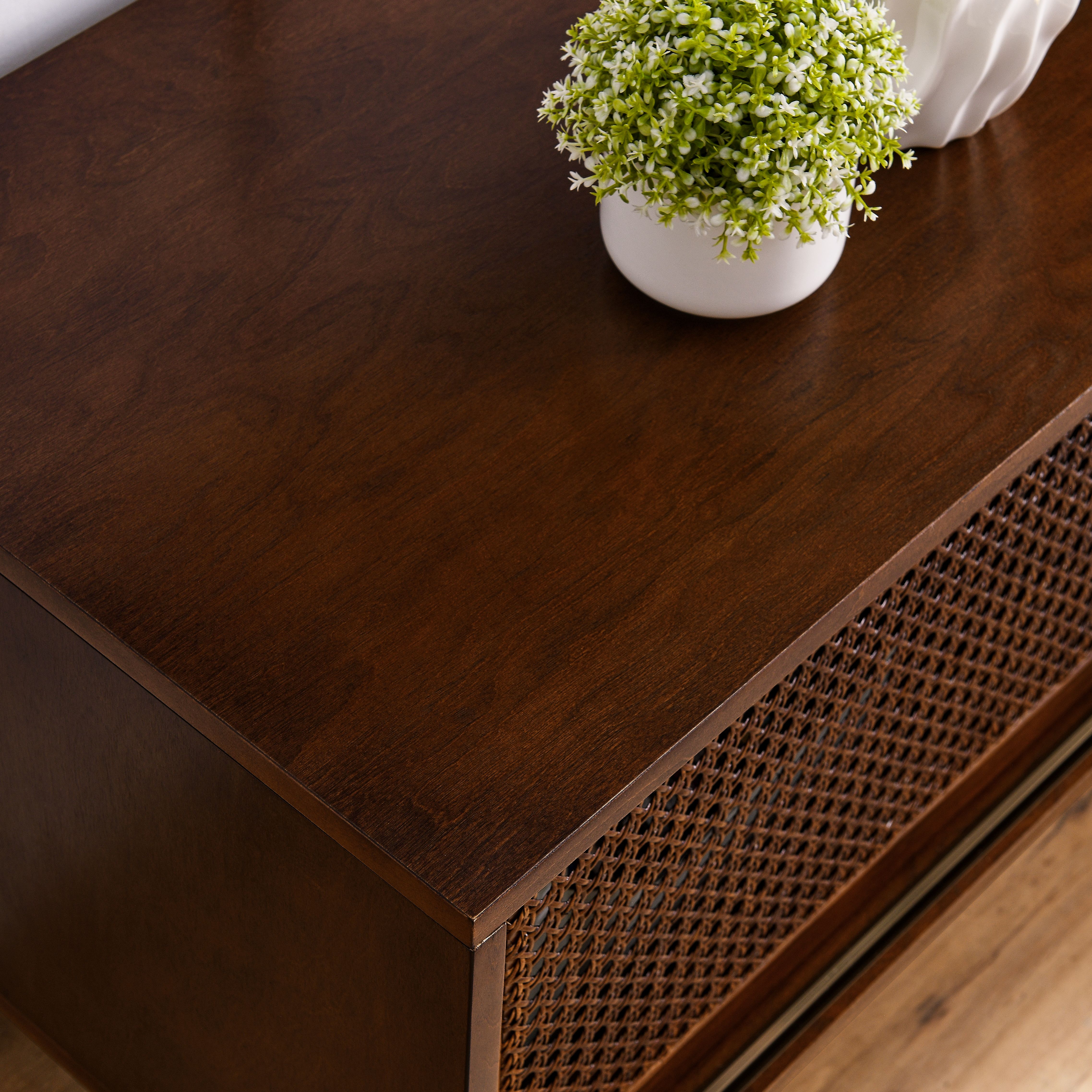 59 Inch Mid Century Modern Rattan TV Stand For 65 Inch TV, Entertainment Cabinet, Media Console For Living Room Media Room, Solid Wood Feet & Rattan Cabinet Doors - Dark Wood