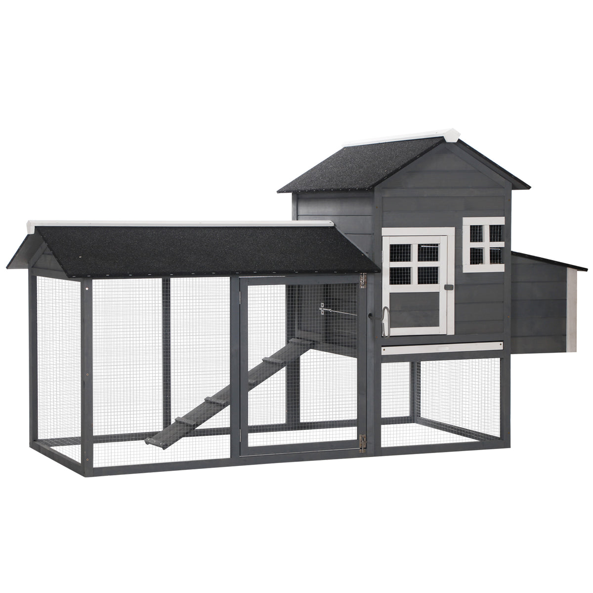 84" Wooden Chicken Coop, Hen House Outdoor with Run Nesting Box, Asphalt Roof, Removable Tray, Ramp, Poultry Cage for 2-3 Chickens, Gray