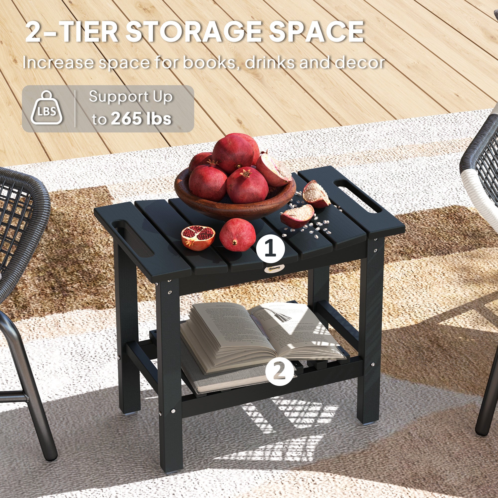 HDPE Shower Bench, Waterproof Shower Stool with Handle, Storage Shelf, Non-Slip Pads for Indoor Outdoor, Black