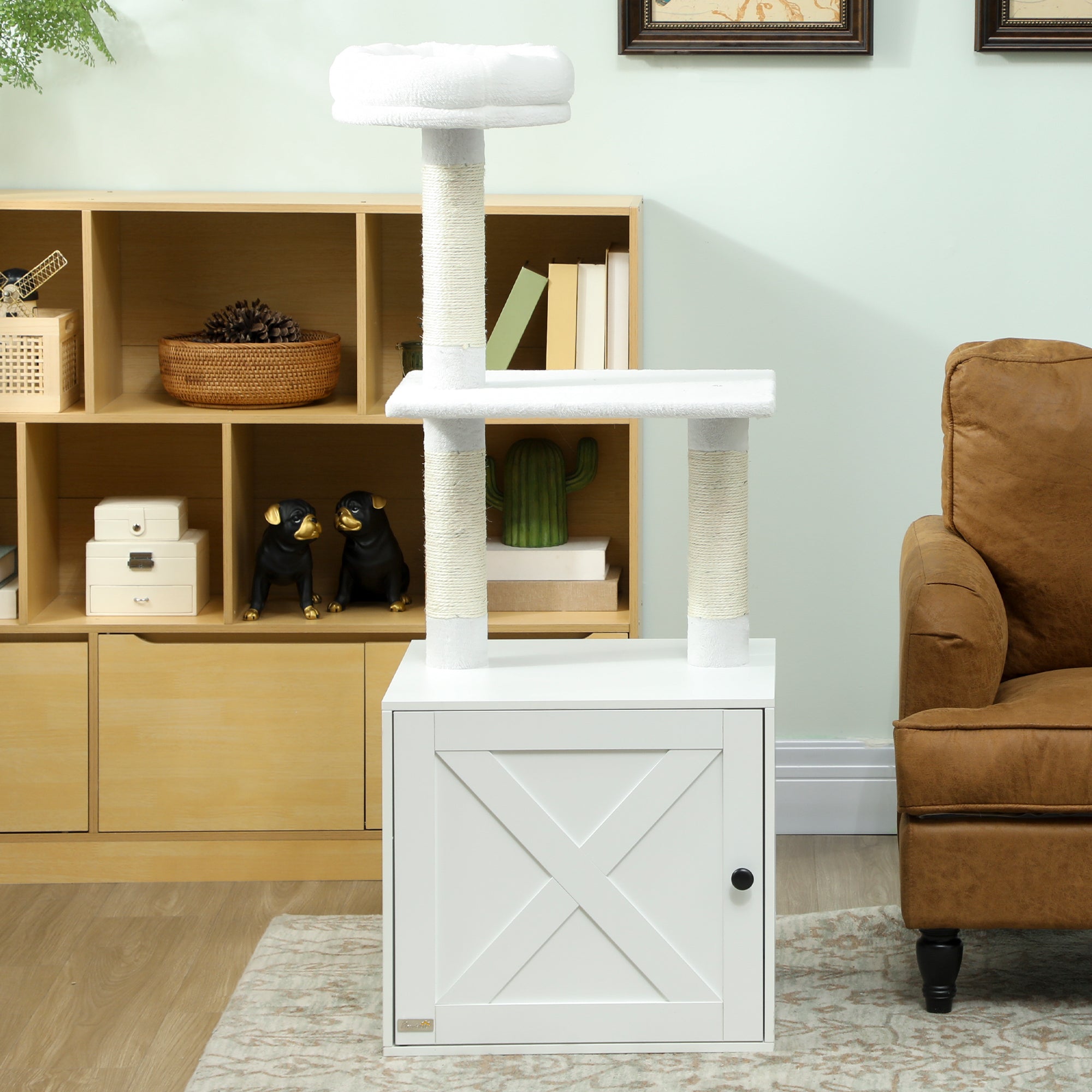 Cat Tree with Litter Box Enclosure, Scratching Posts, Bed, Climbing Platforms for Indoor Cats, White