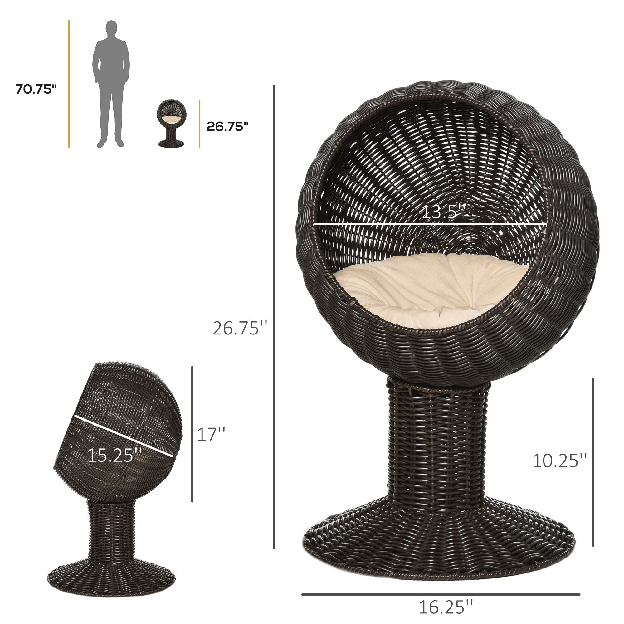 Elevated Cat Bed with Rotatable Egg Chair Pod, Cat Basket Bed with Thick Cushion, Natural Mat Grass Woven Kitty House, Coffee