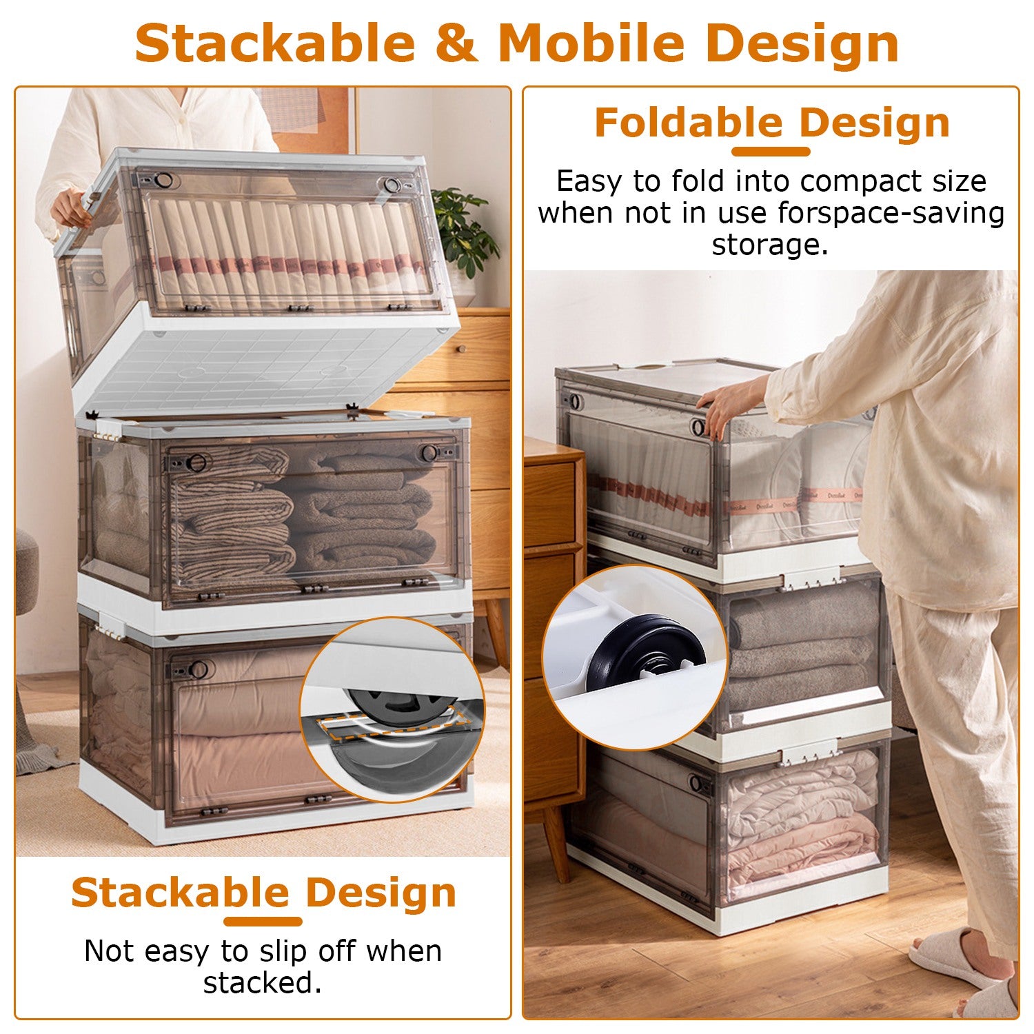 2 Packs Foldable Storage Bins Collapsible Storage Box Organizer Stackable Toy Container With Double Doors Top Lid Rolling Wheels For Clothes Toys Books