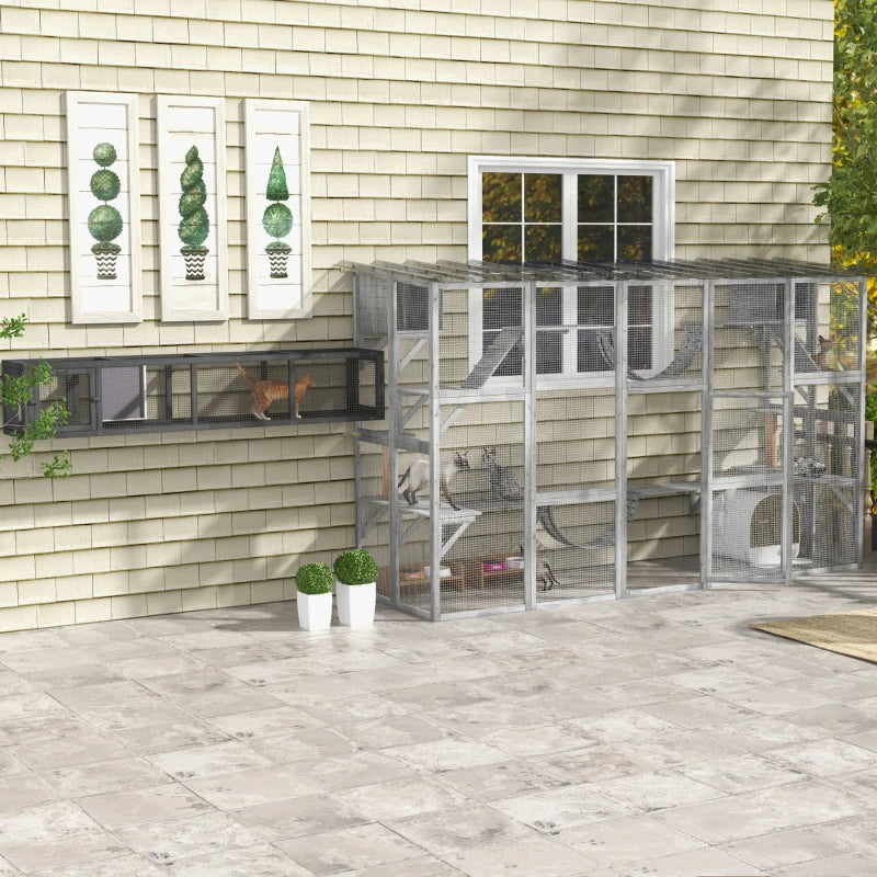 Playground Cat Window Box Outside Enclosure For Multiple Cats W Shelves & Bridges, Gray