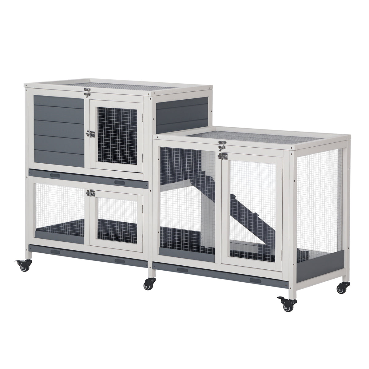Wooden Rabbit Hutch Bunny Hutch Elevated Pet House Cage Small Animal Habitat with No Leak Tray Lockable Door Openable Top for Rabbits, Chickens, Ducks, Indoor 57.75" x 18" x 32.5" Gray