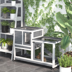 Wooden Rabbit Hutch Elevated Bunny Cage Indoor Small Animal Habitat with Enclosed Run with Wheels, Ramp, Removable Tray for Rabbits, Chickens, Ducks, Guinea Pigs, Gray