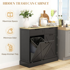 10 Gallon Farmhouse Kitchen Cabinet with Hidden Trash Can and 2 Drawers, Tilt Out Trash Can Cabinet for Kitchen, Black