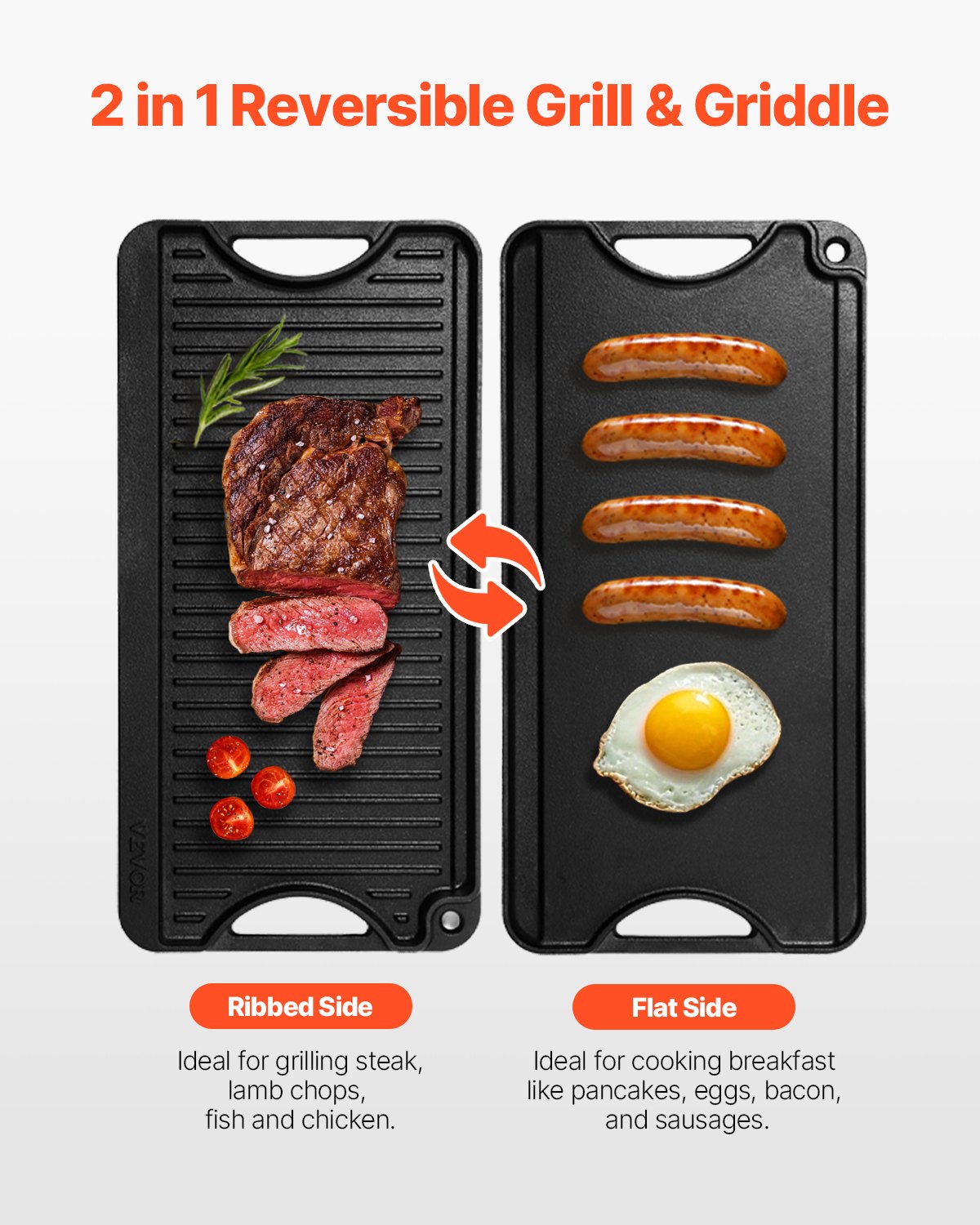 20x10in Reversible Grill Griddle Pre-Seasoned Rectangular BBQ Pan Cast Iron