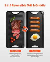 20x10in Reversible Grill Griddle Pre-Seasoned Rectangular BBQ Pan Cast Iron