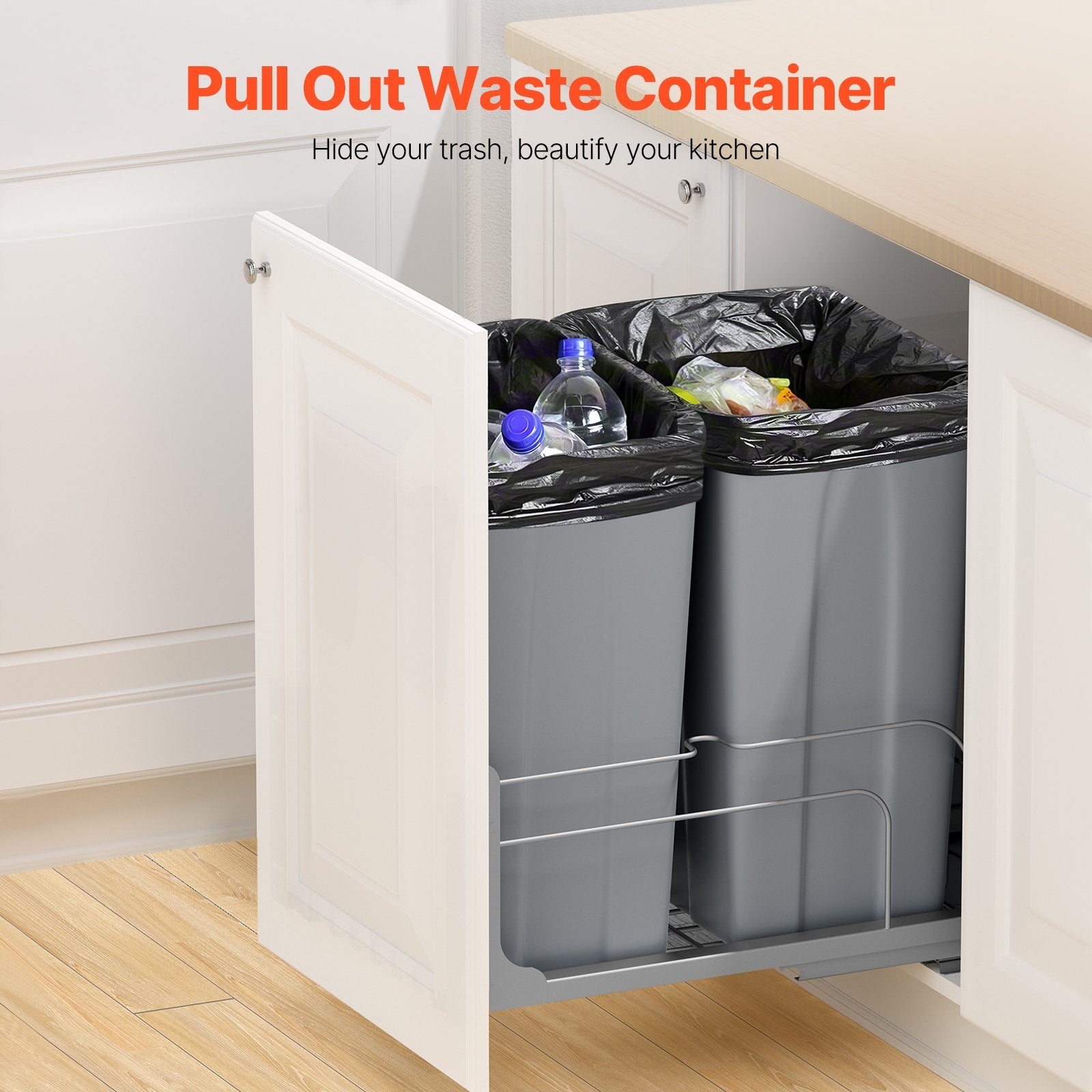 Double Pullout Waste Container Kitchen Trash Can With Soft Close Grey 50QTx2