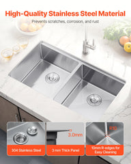 33' Kitchen Sink Undermount Double Bowl Drop-In Basin Stainless Steel Bar
