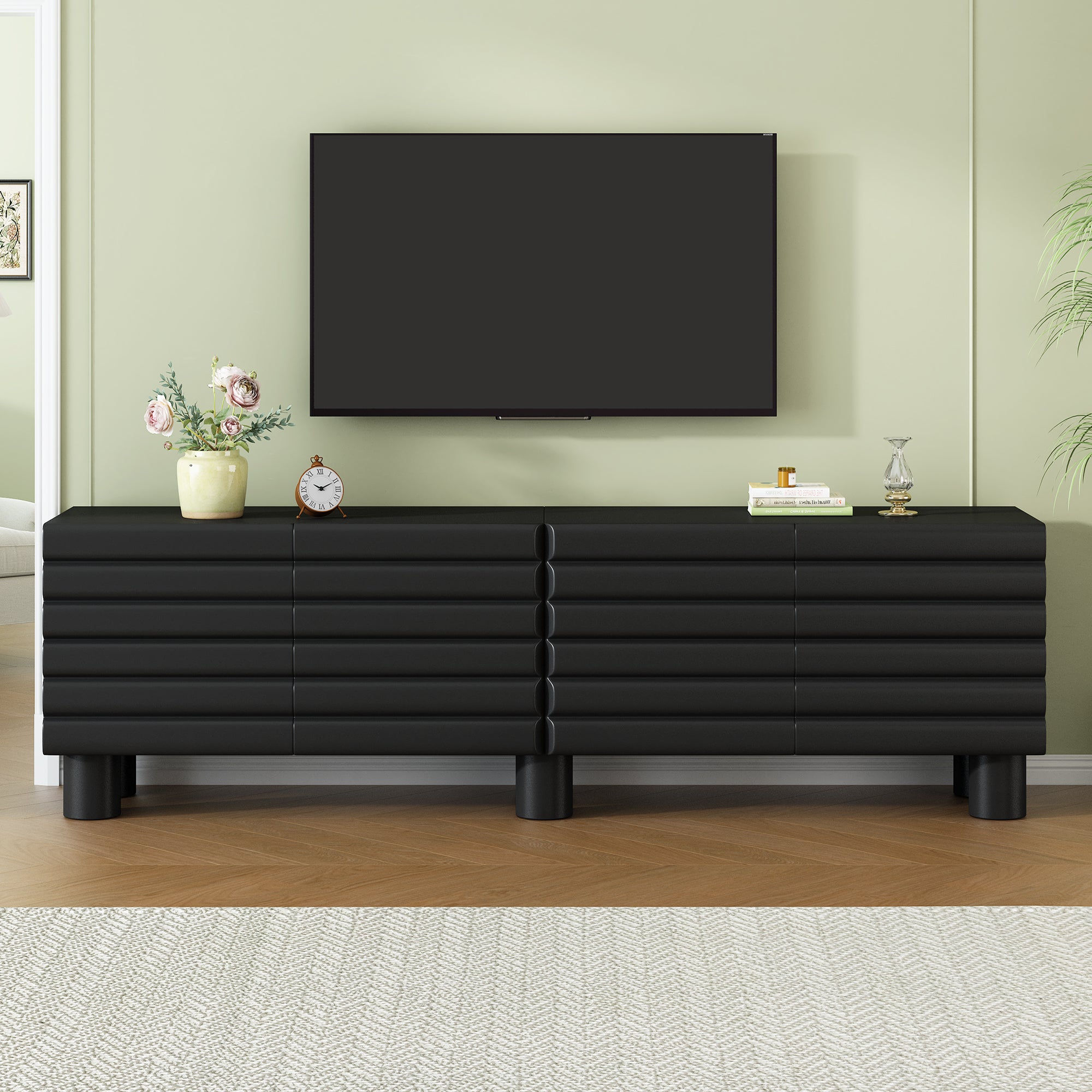 Stylish Thick Wavy Door TV Cabinet With Adjustable Shelves, Cream Style TV Stand With 4 Cabinets For TVs Up To 75 Solid Media Console With Cylindrical Legs And Cable Holes For Living Room, Black