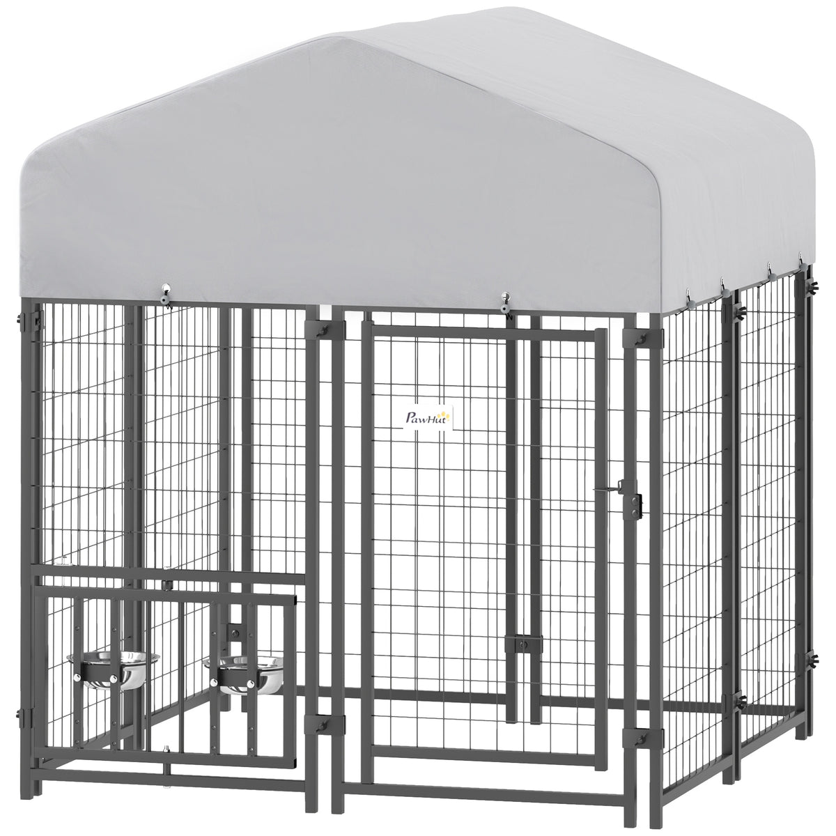 Welded Wire Outdoor Dog Kennel with 360° Rotating & 4 Levels Adjustable Bowls, Waterproof Cover, 3.9' x 3.9' x 4.5'