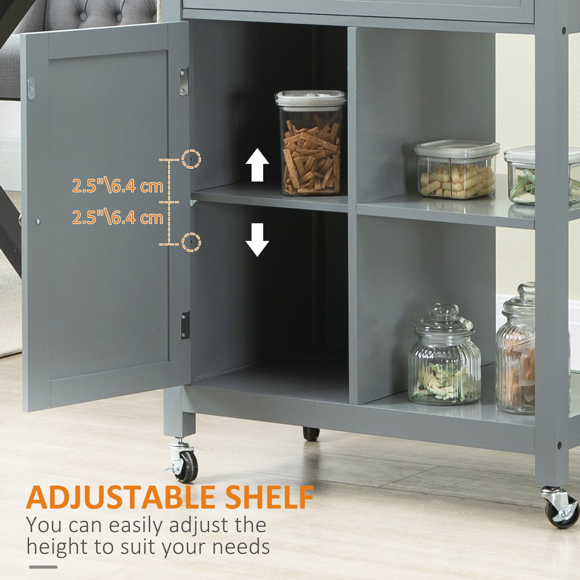Kitchen Island Cart, Rolling Kitchen Island with Storage Shelf, Solid Wood Top, Drawer, for Dining Room, Gray