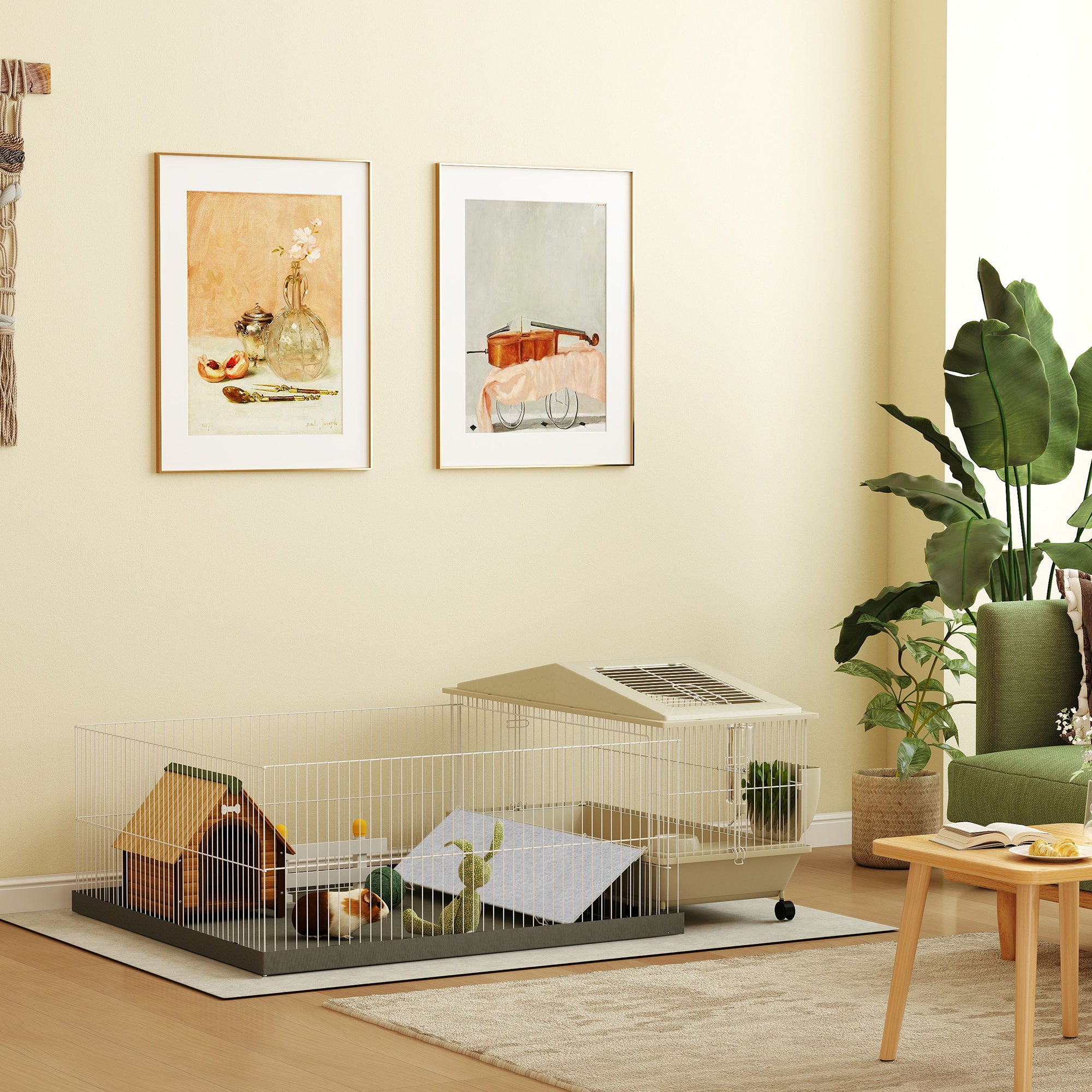 Small Animal Cage With Removable Pet Playpen, Guinea Pig Cage With Waterproof Pad, Hay Feeder, Water Bottle, Food Dish