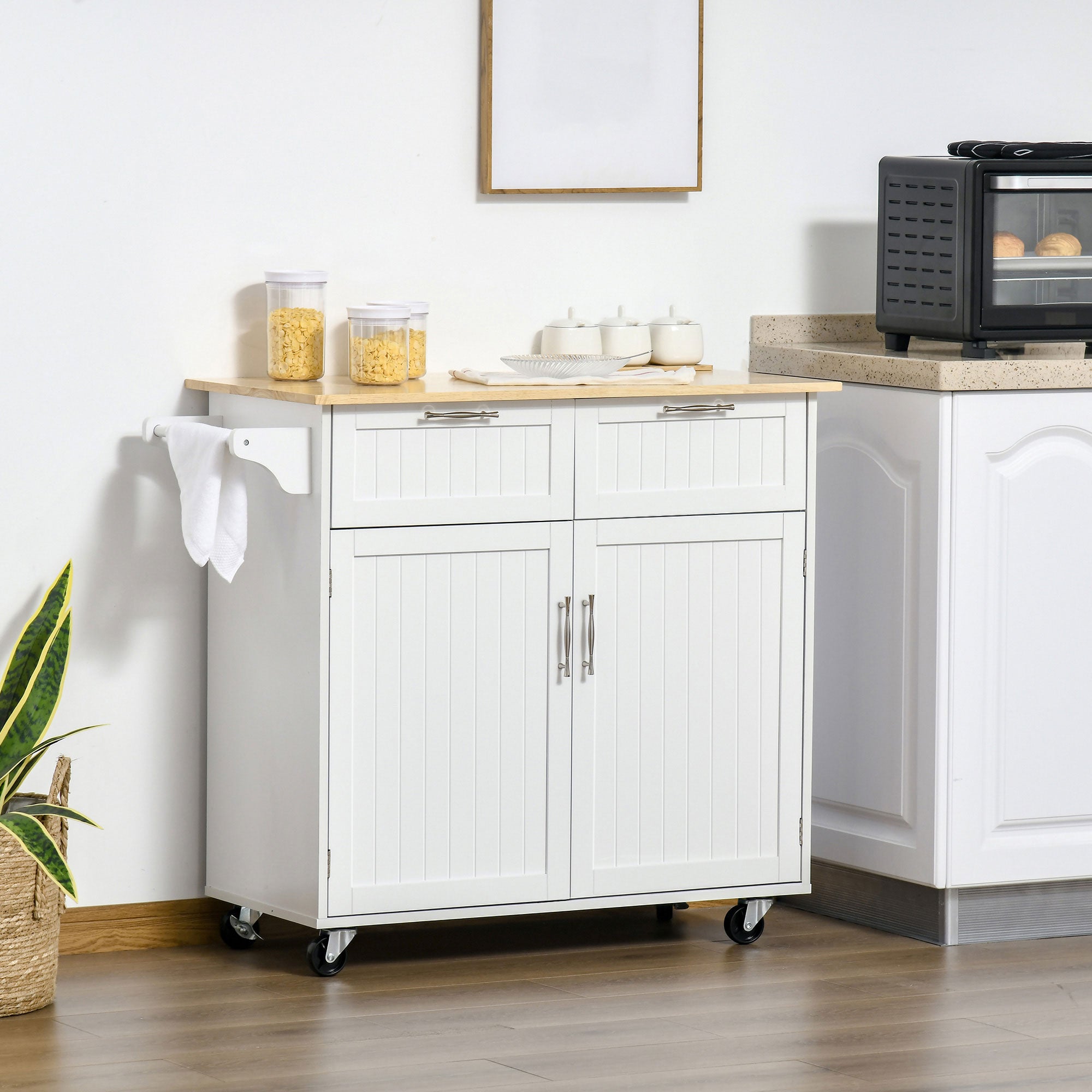 41" Modern Rolling Kitchen Island on Wheels, Utility Cart Storage Trolley with Rubberwood Top & Drawers, White