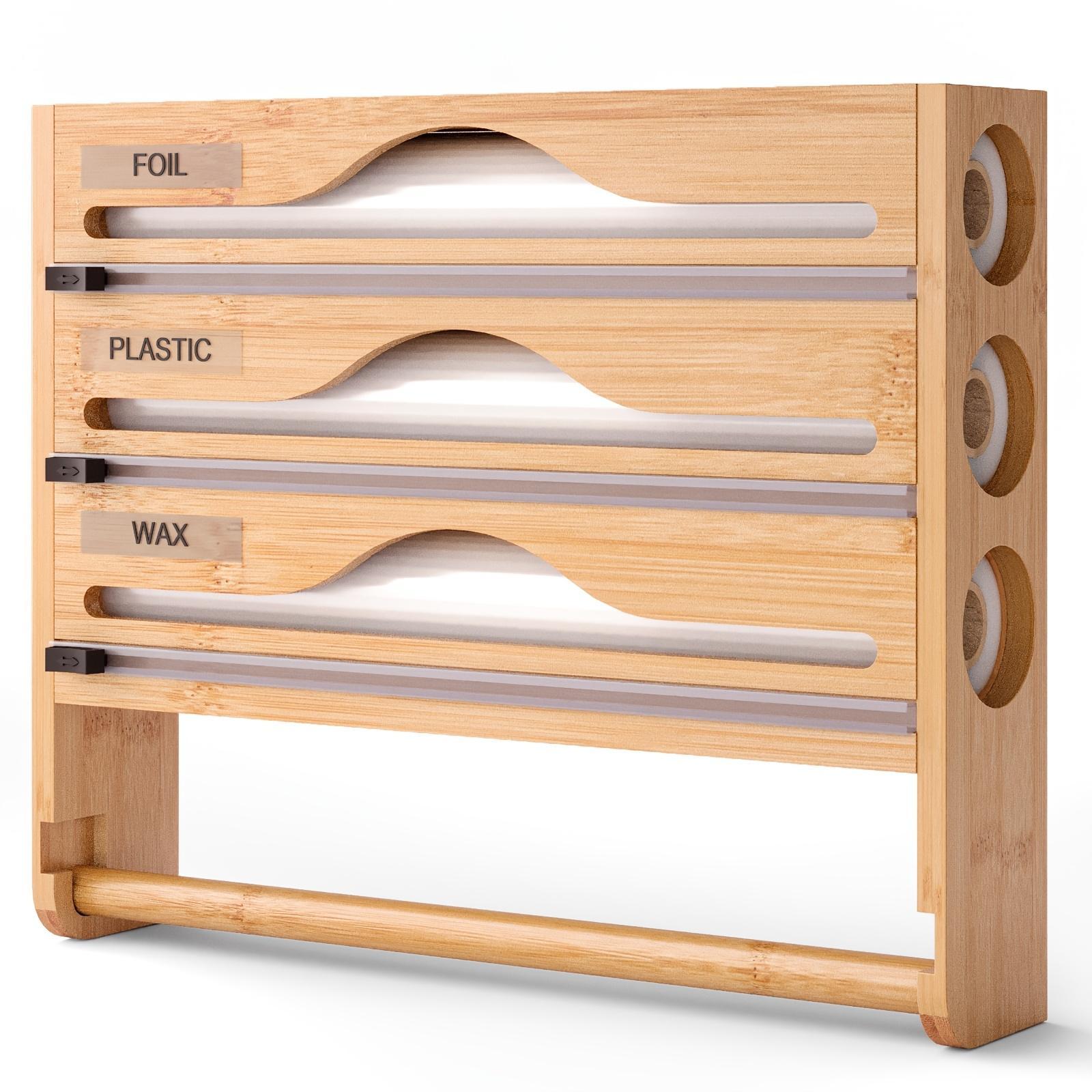 Bamboo Plastic Wrap Cutter With Paper Towel Holder Kitchen Wall-mounted Tinfoil Cutter With Three-grid Cutter And Paper Towel Storage Rack