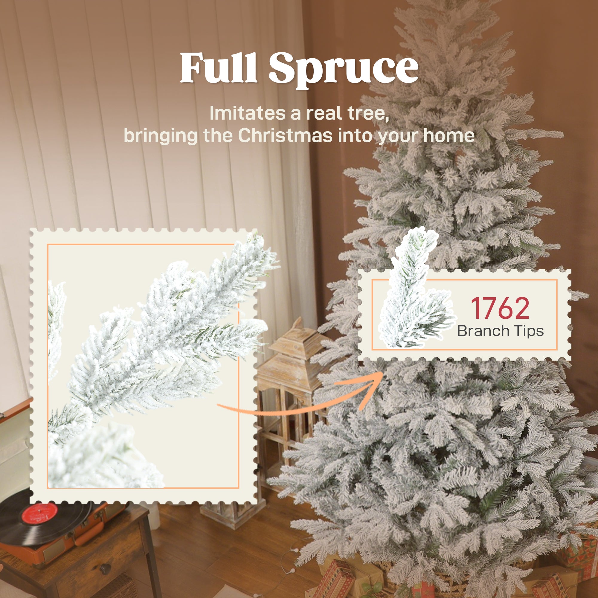 7.5 ft Artificial Frosted Christmas Tree with Realistic Branches, Wide Full Spruce, Hinged Xmas Tree, Easy Assembly