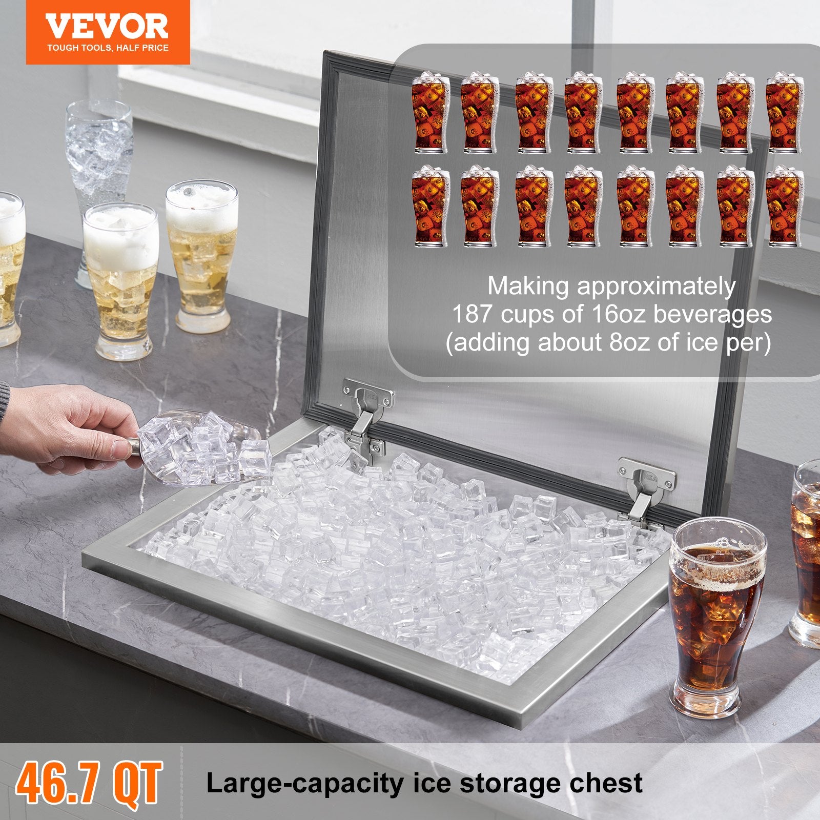 Drop In Ice Chest, 20'L X 16'W X 13'H Stainless Steel Ice Cooler, Commercial Ice Bin With Hinged Cover, 40 Qt Outdoor Kitchen Ice Bar, Drain-pipe And Drain Plug Included, For Cold Wine Beer