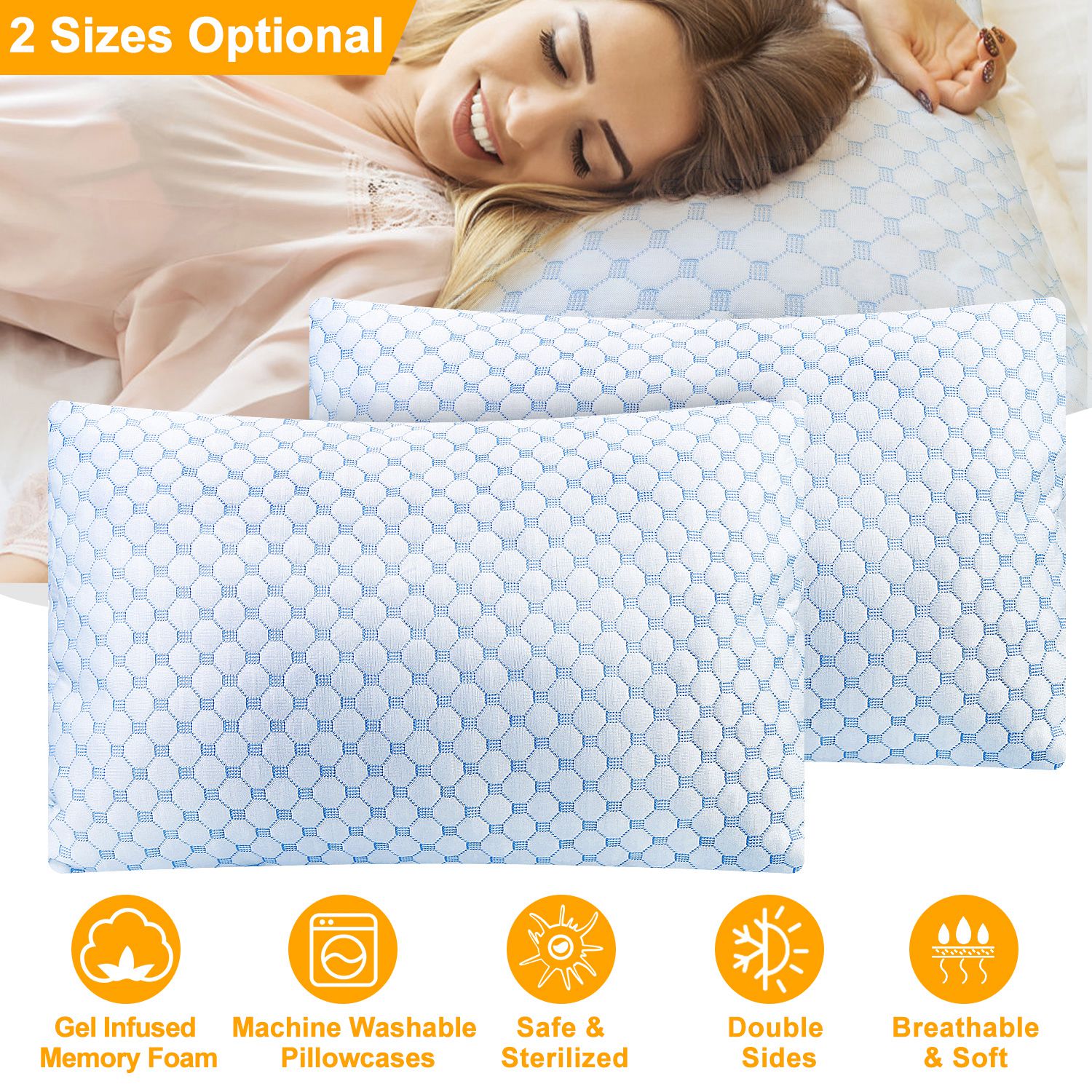 2Pcs Or 1Pc Cooling Memory Foam Pillow Ventilated Soft Bed Pillow With Cooling Gel Infused Memory Foam Machine Washable