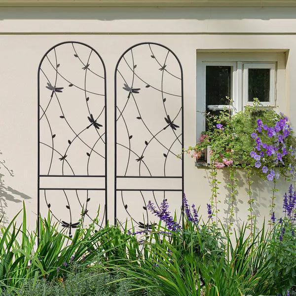 2 Pack Metal Garden Trellis 86.7" X 19.7" Rustproof Trellis For Climbing Plants Outdoor Flower Support Dragonfly Deco Black