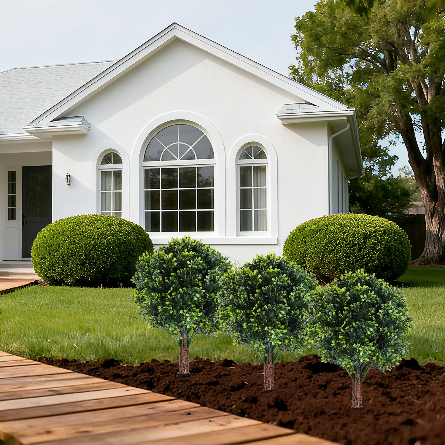 2 Packs Faux Boxwood Ball Trees Artificial Peanut Topiary Tree UV Resistant Artificial Shrubs Fake Plants Evergreen Artificial Bush With Ground Spike For Indoor Outdoor Front Porch Garden
