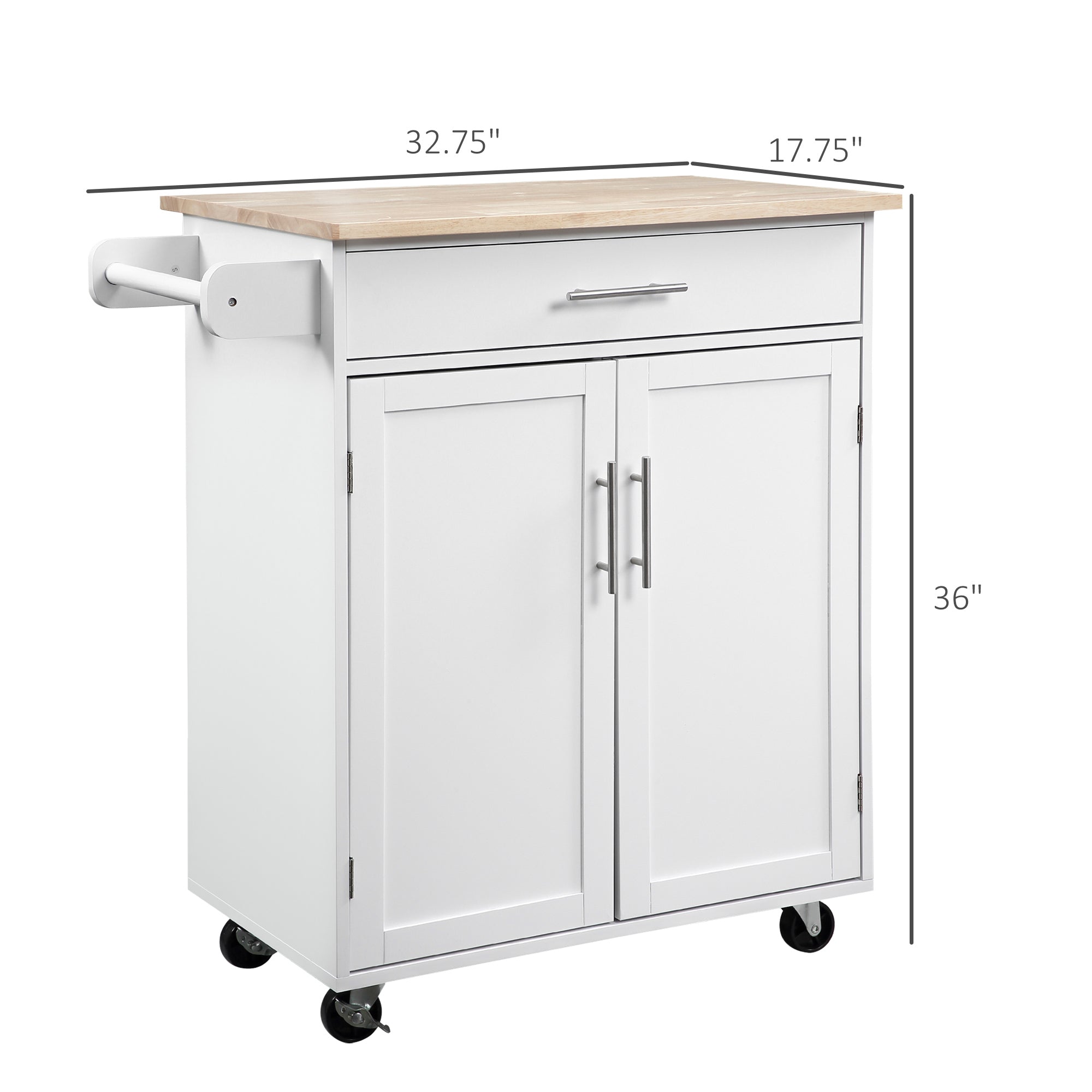 Kitchen Island Cart, Rolling Island Table with Solid Wood Top, Trolley Cart with Drawer, Storage Cabinet & Towel Rack, White
