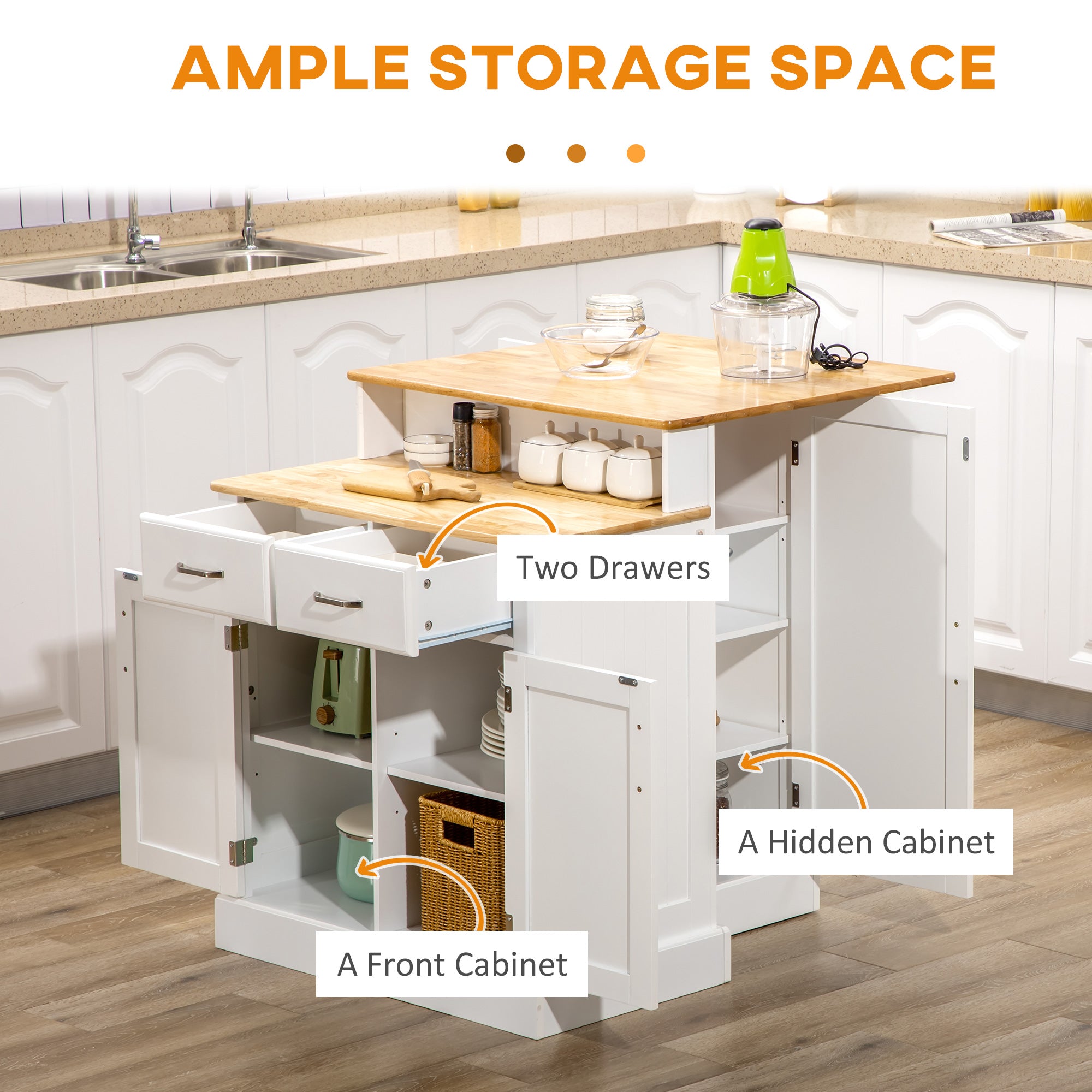 Kitchen Island with 2-Level Rubber Wood Tabletop, Island Table with Adjustable Shelves and Drawers, White