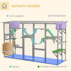 Playground Cat Window Box Outside Enclosure For Multiple Cats W Shelves & Bridges, Gray