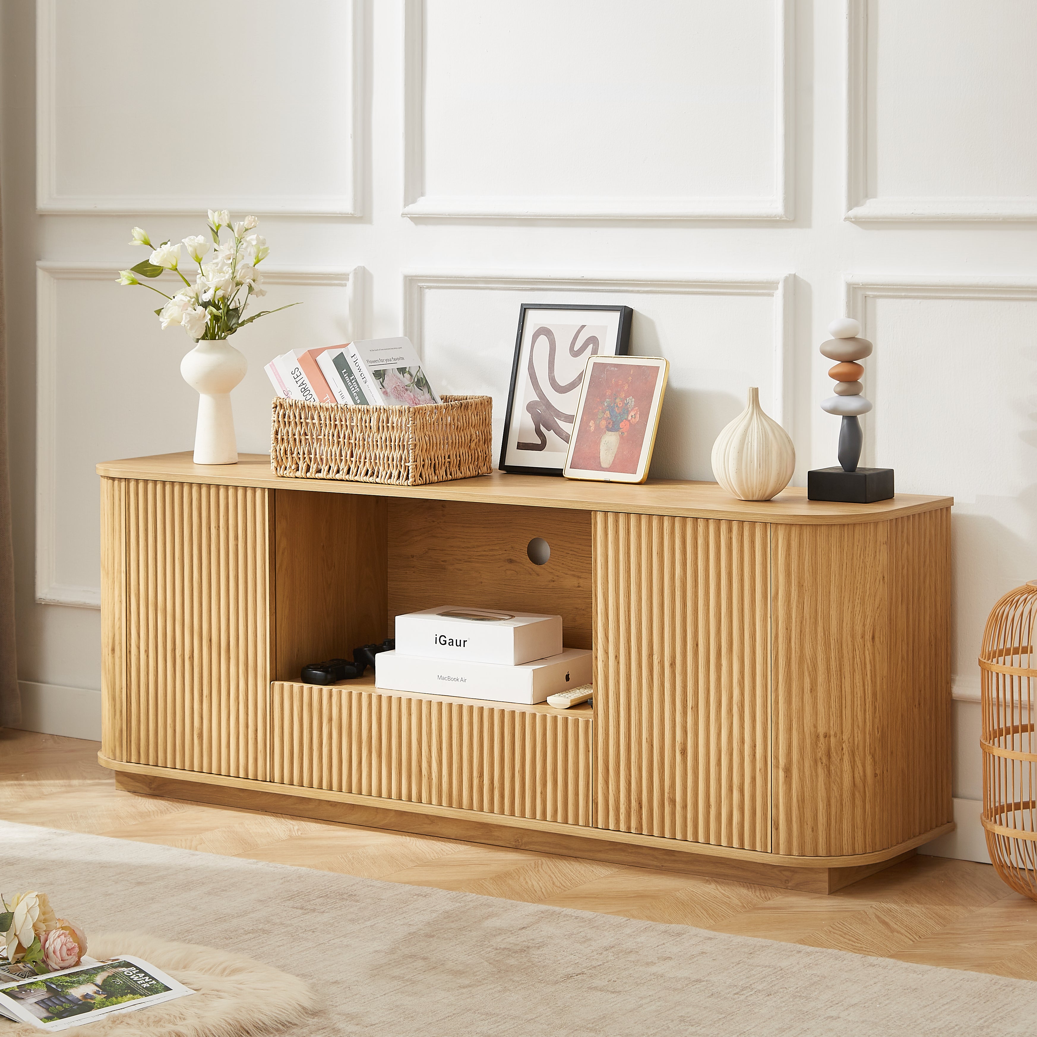 64-Inch Wavy TV Stand, Rounded Sideboard, Storage Cabinet, Wooden Vertical Stripe Cabinet For Living Room Bedroom Entryway  Natural,64W X 15D X 24H.