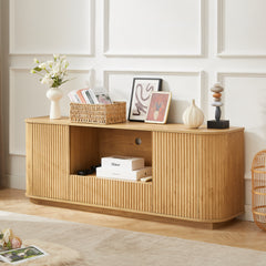 64-Inch Wavy TV Stand, Rounded Sideboard, Storage Cabinet, Wooden Vertical Stripe Cabinet For Living Room Bedroom Entryway  Natural,64W X 15D X 24H.