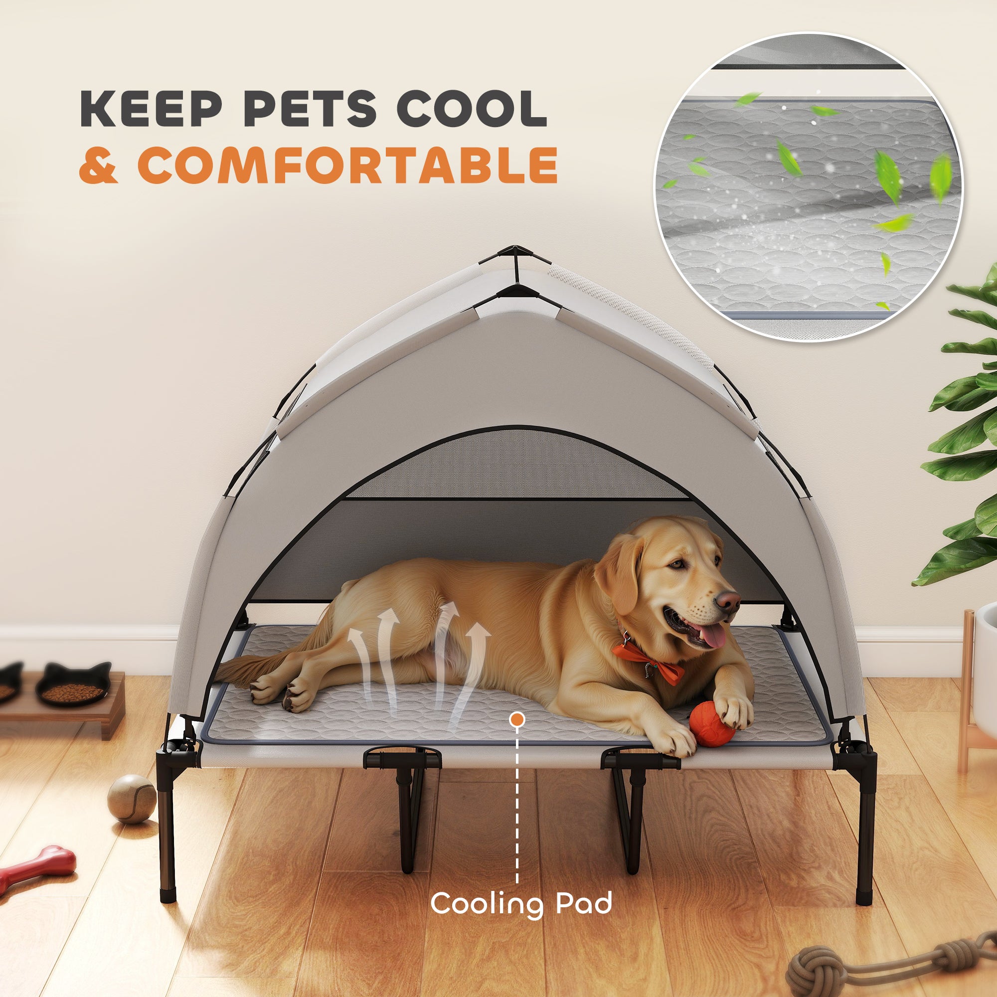 Elevated Dog Bed with Removable Canopy, Portable Outside Raised Pet Cot with Cooling Pad, Storage Bag, 42" x 30" x 37"
