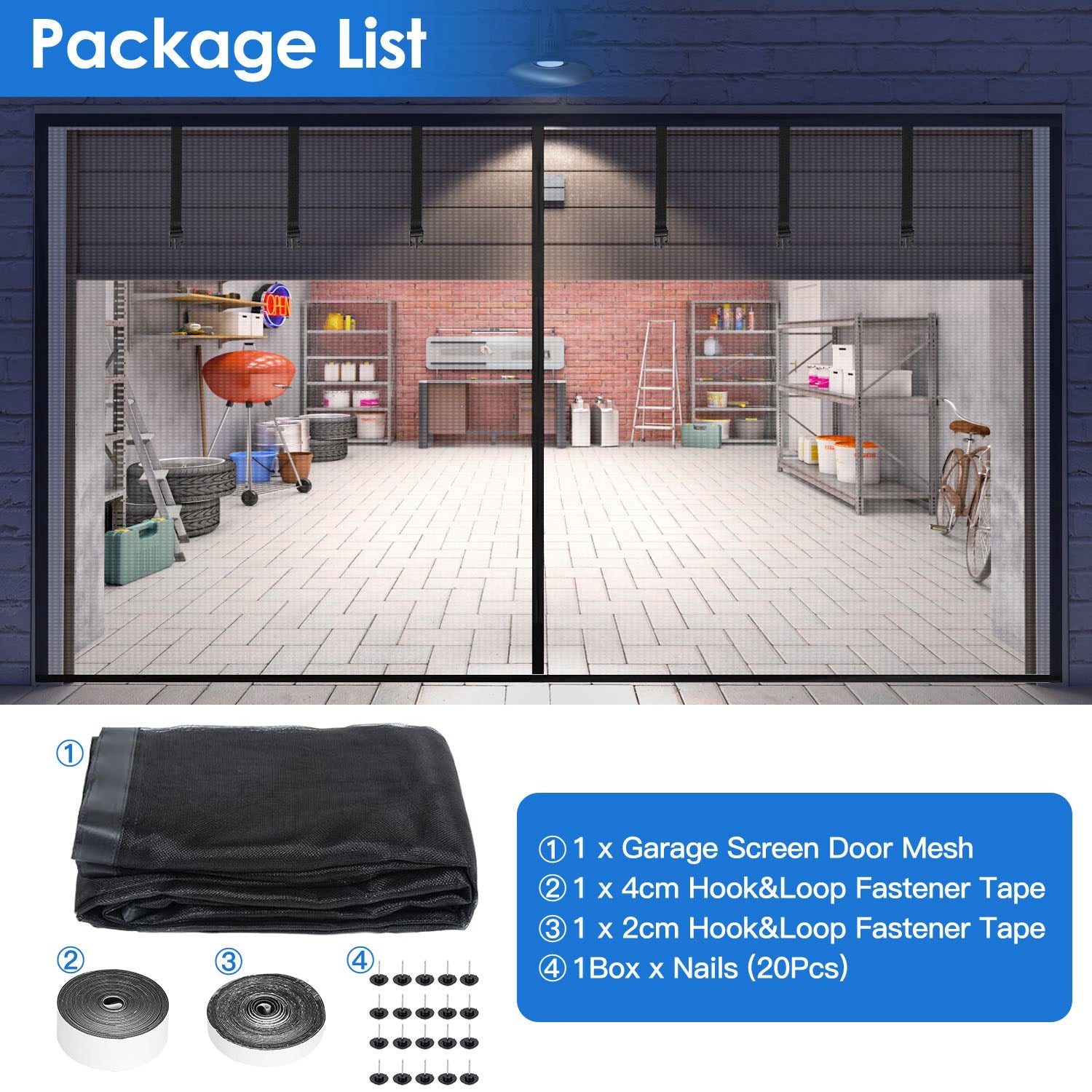 16x7FT Magnetic Garage Door Screen Two Car Garage Screen Mesh Fiberglass Garage Net With Magnetic Closure 6 Buckle Straps For Two Cars