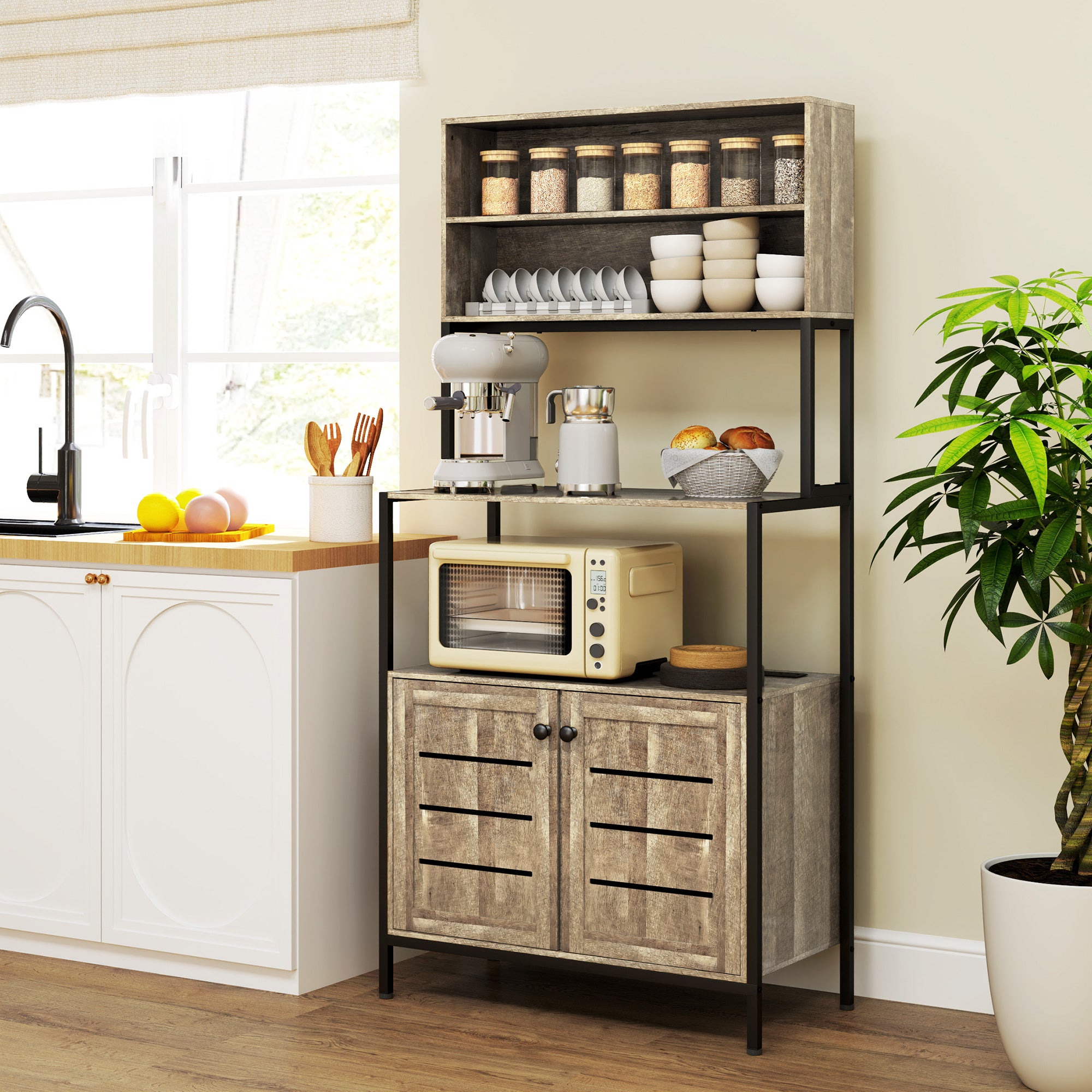 Baker's Rack with Power Outlet and Storage Shelves, Microwave Stand with Louvred Door Cabinets, Gray Wood Grain