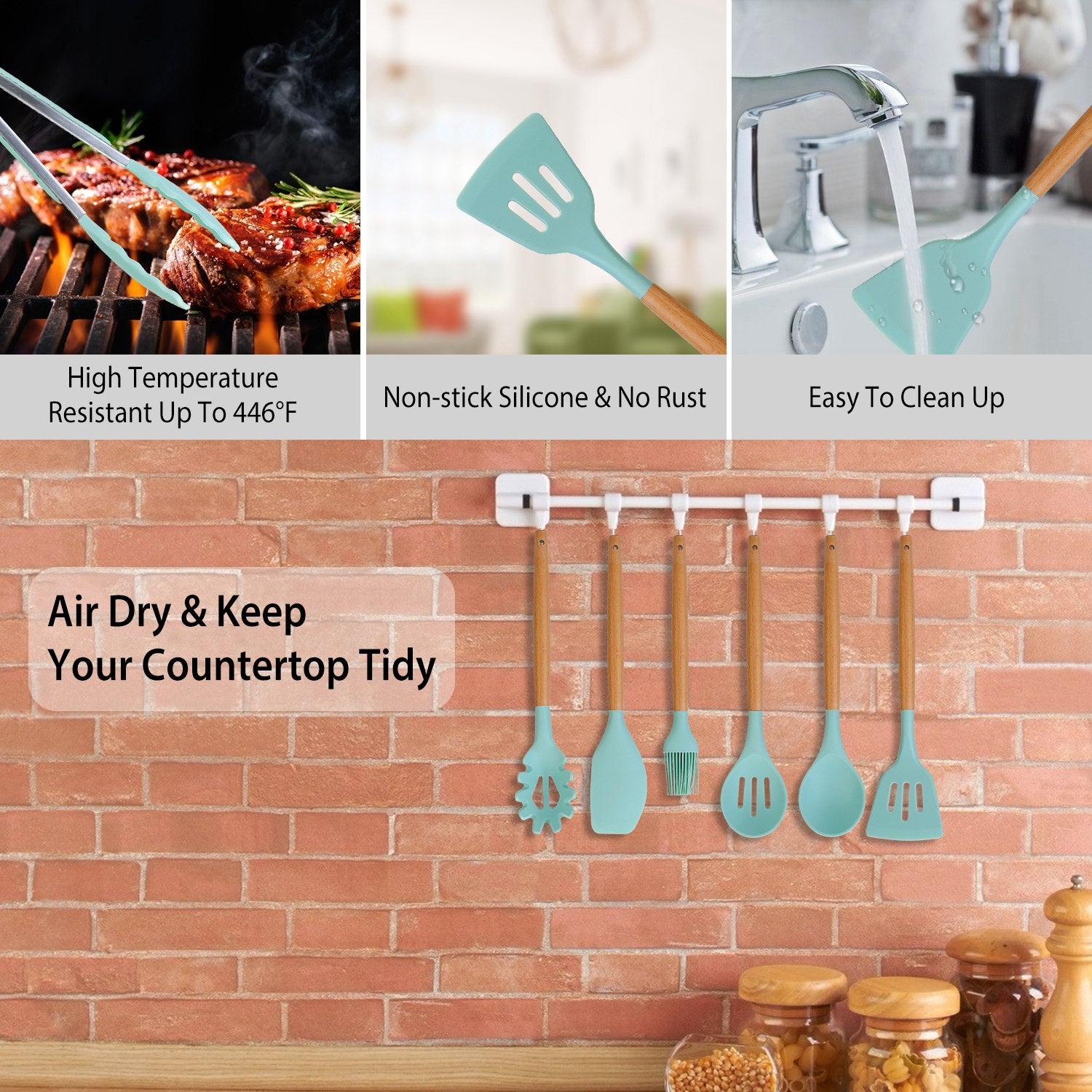 2 Color Options -- Set Of 11Pcs Silicone Cooking Utensil Set Heat Resist Wooden Handle Silicone Spatula Turner Ladle Spaghetti Server Tongs Spoon Egg Kitchenware Set With Holder