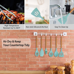2 Color Options -- Set Of 11Pcs Silicone Cooking Utensil Set Heat Resist Wooden Handle Silicone Spatula Turner Ladle Spaghetti Server Tongs Spoon Egg Kitchenware Set With Holder